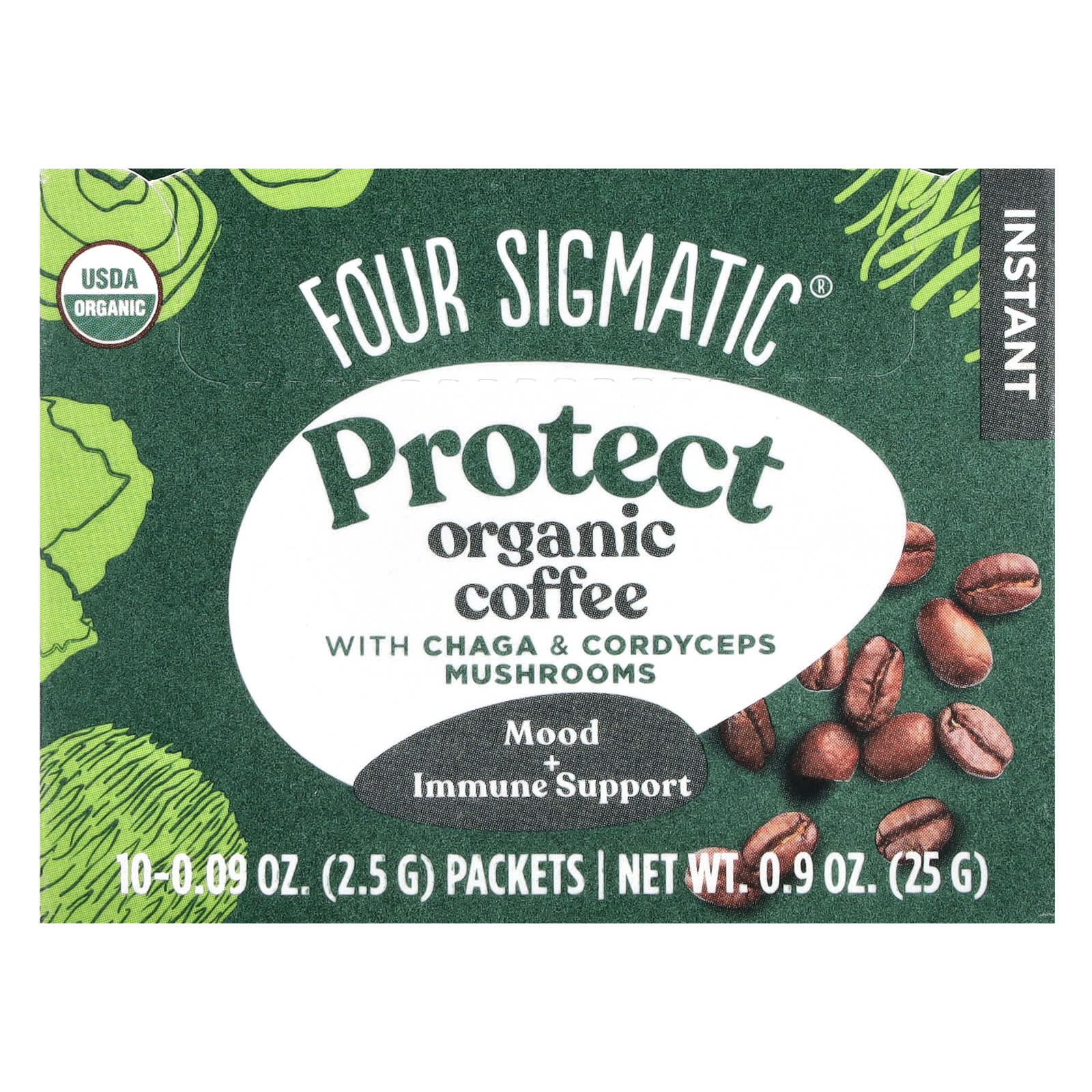 Four Sigmatic Protect растворимый органический кофе с чагой и кордицепсом средней обжарки 10 пакетиков по 25 г 009 унции 2290₽
