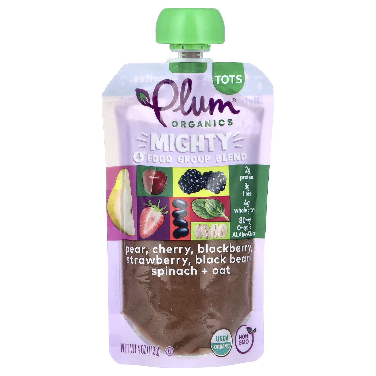 Plum Organics Mighty 4 Food Group смесь груша вишня ежевика клубника черная фасоль шпинат и овес 113 г 4 унции 1390₽