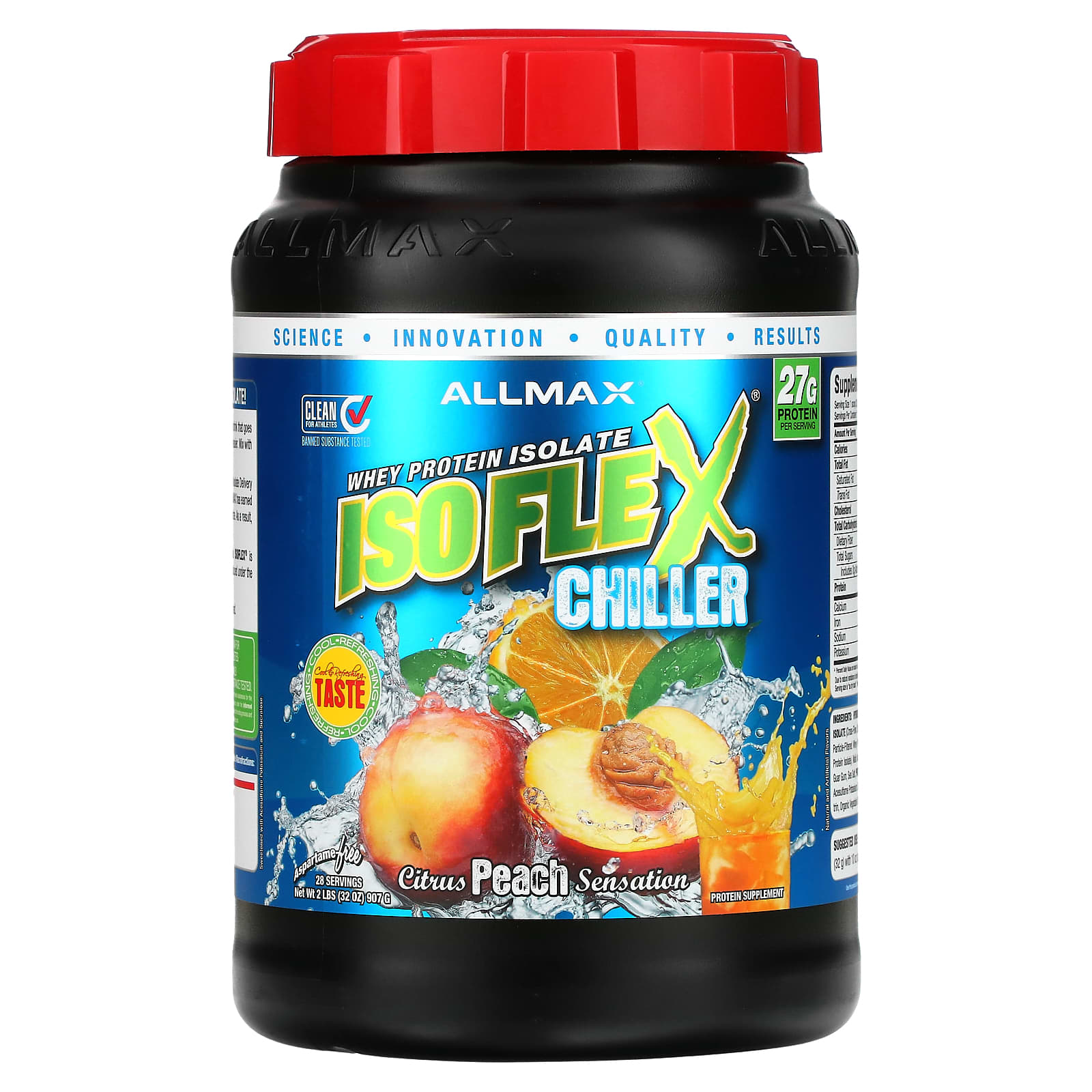 ALLMAX Isoflex Chiller сверхчистый 100-ный изолят сывороточного протеина фильтрация ИСП частицами заряженными ионами цитрусово-персиковое ощущение 2 фунта 907 г 11290₽