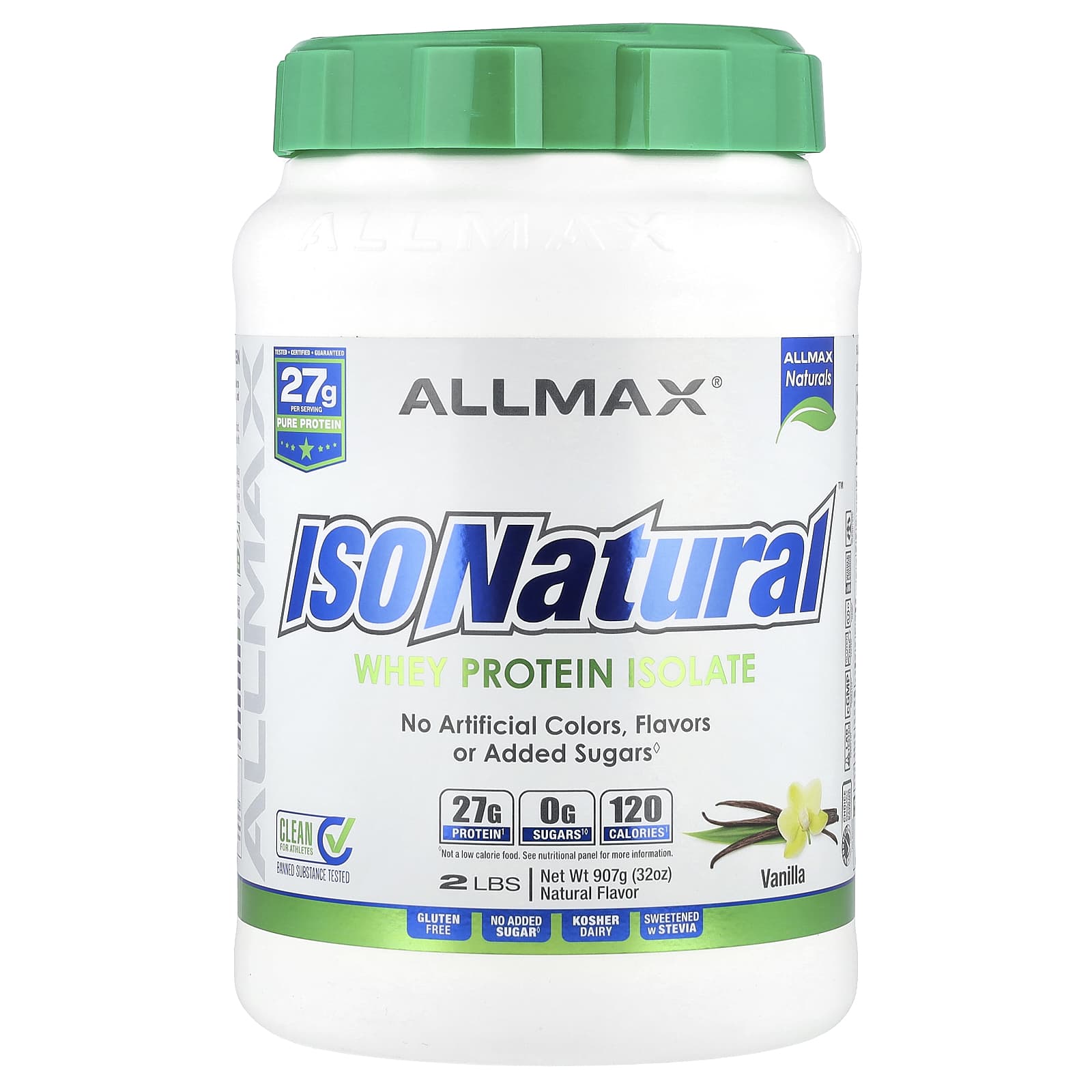 ALLMAX IsoNatural 100 ультра-очищенный натуральный изолят сывороточного протеина со вкусом ванили 907 г 11290₽