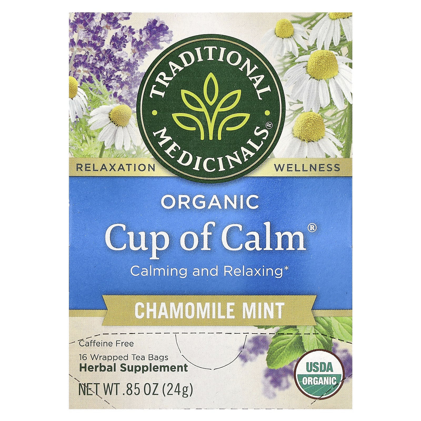 Traditional Medicinals Organic Cup of Calm ромашка и мята без кофеина 16 чайных пакетиков в упаковке 24 г 085 унции 1790₽