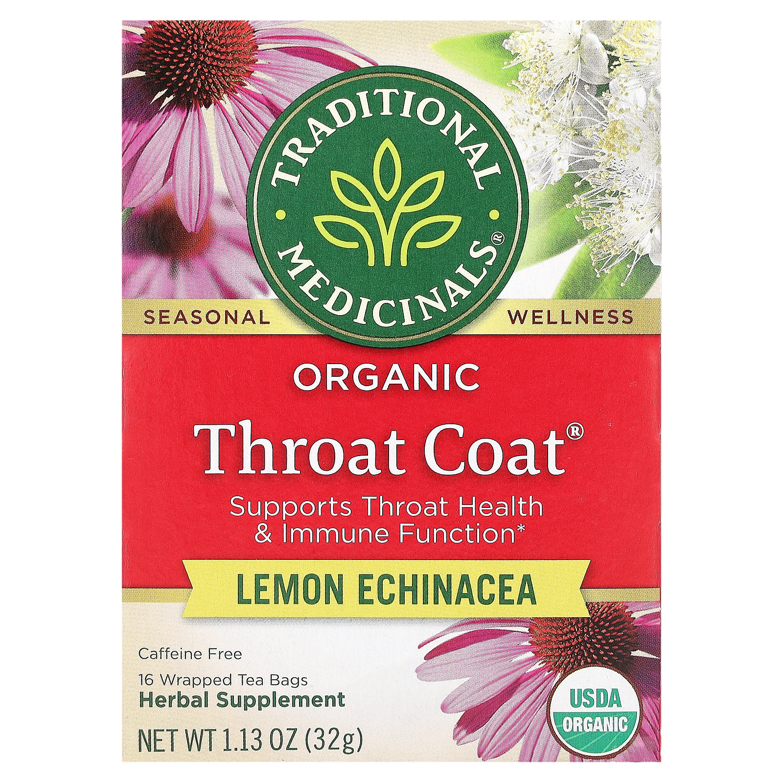 Traditional Medicinals Organic Throat Coat лимонная эхинацея без кофеина 16 чайных пакетиков в упаковке 32 г 113 унции 1790₽