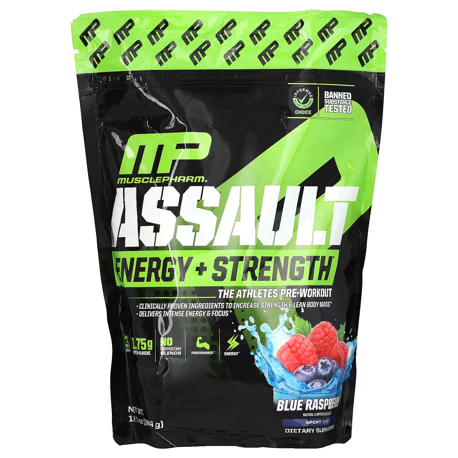MusclePharm Assault Energy Strength предтренировочный комплекс со вкусом голубой малины 344 г 121 унции 6690₽