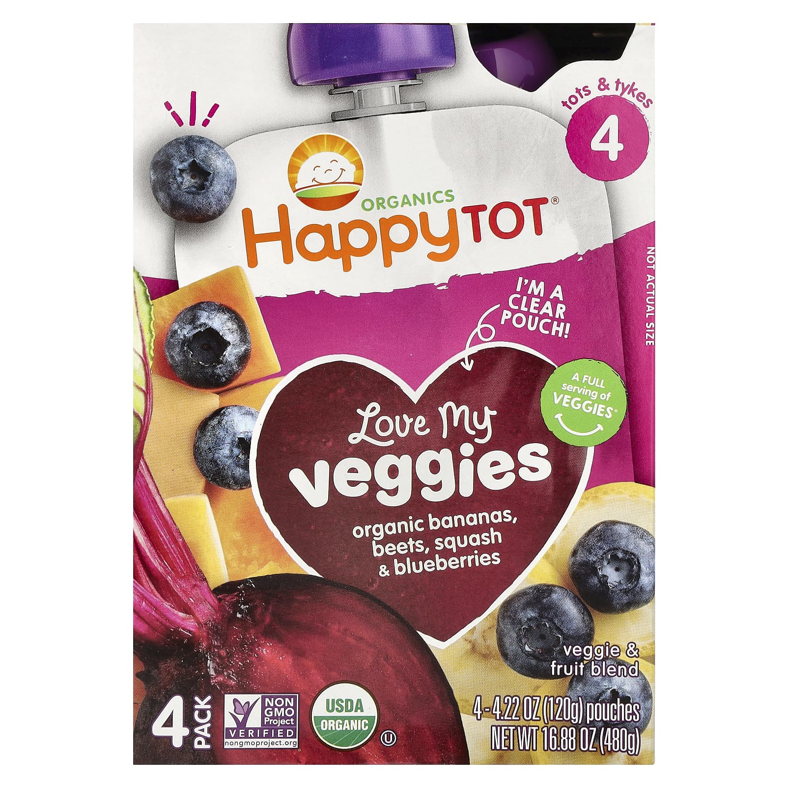 Happy Family Organics Happy Tot Stage 4 Love My Veggies органические бананы свекла тыква и голубика 4 пакетика по 120 г 422 унции 1890₽