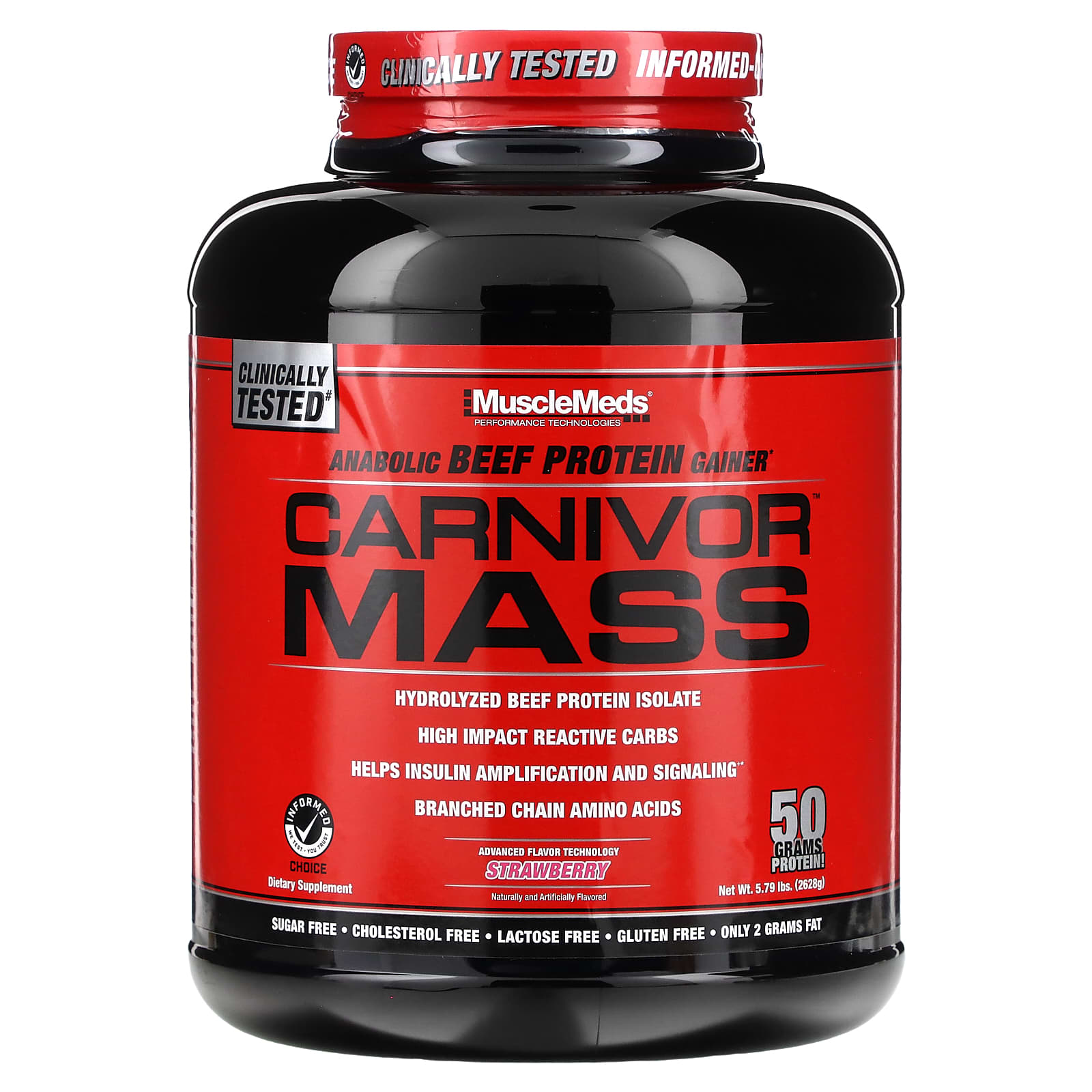 MuscleMeds Carnivor Mass анаболический гейнер с говяжьим протеином клубничный вкус 2698 г 579 фунта 10190₽