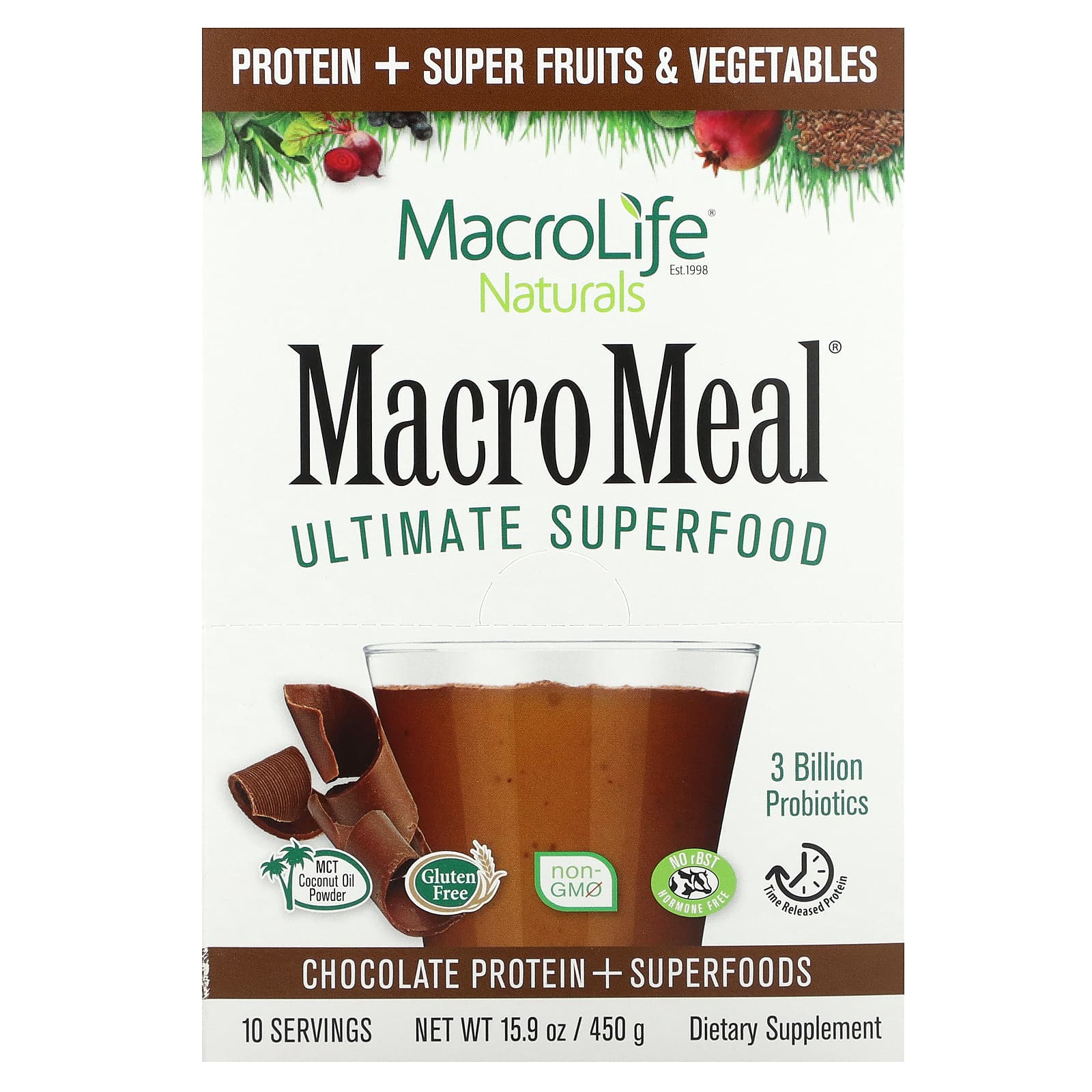 Macrolife Naturals MacroMeal суперфуд шоколад 10 пакетиков по 45 г 16 унции 7790₽