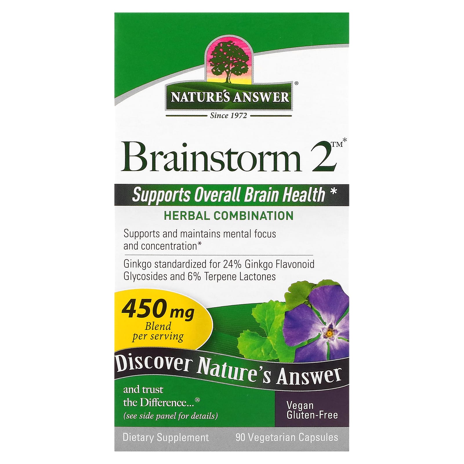 Natures Answer Brainstorm 2 смесь трав 450 мг 90 вегетарианских капсул 3090₽