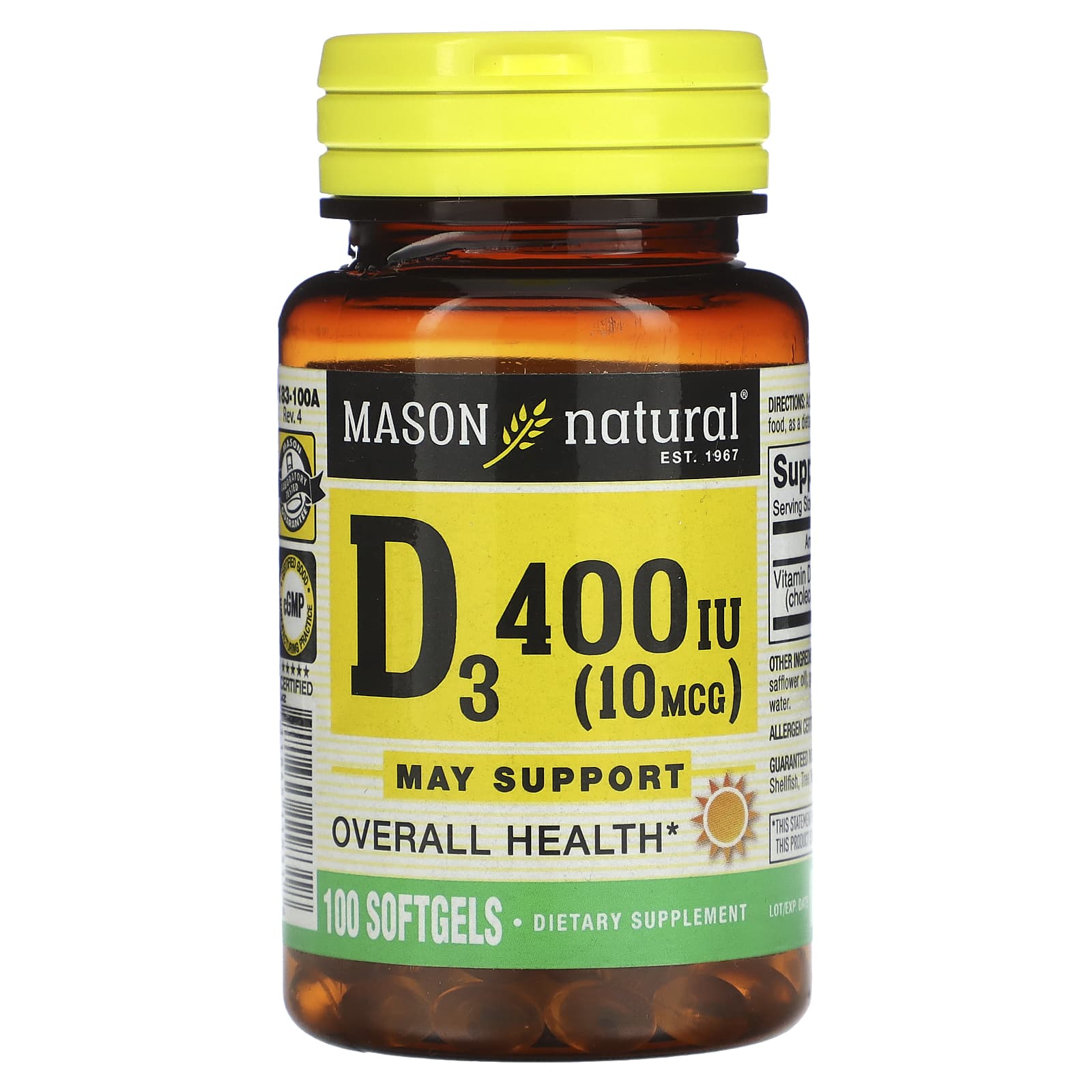 Mason Natural Витамин D3 10 мкг 400 МЕ 100 мягких таблеток 1490₽