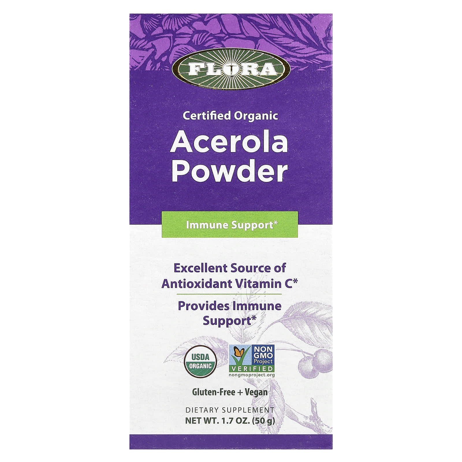 Flora сертифицированный органический порошок ацеролы 50 г 17 унции 5690₽