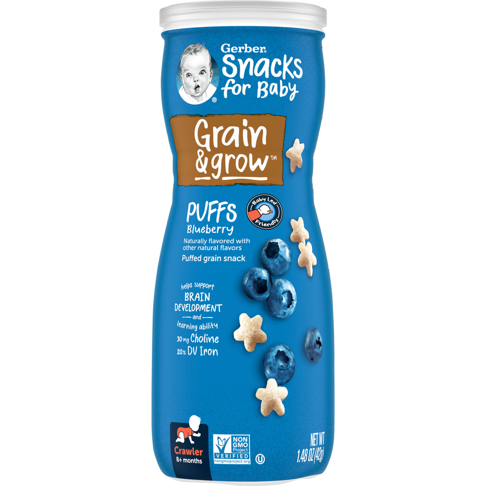 Gerber Snacks for Baby Grain - Grow Puffs воздушные закуски для детей от 8 месяцев голубика 42 г 148 унции 1490₽