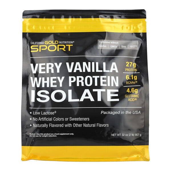 California Gold Nutrition, Sport, изолят сывороточного протеина, со вкусом ванили, 907 г (2 фунта)