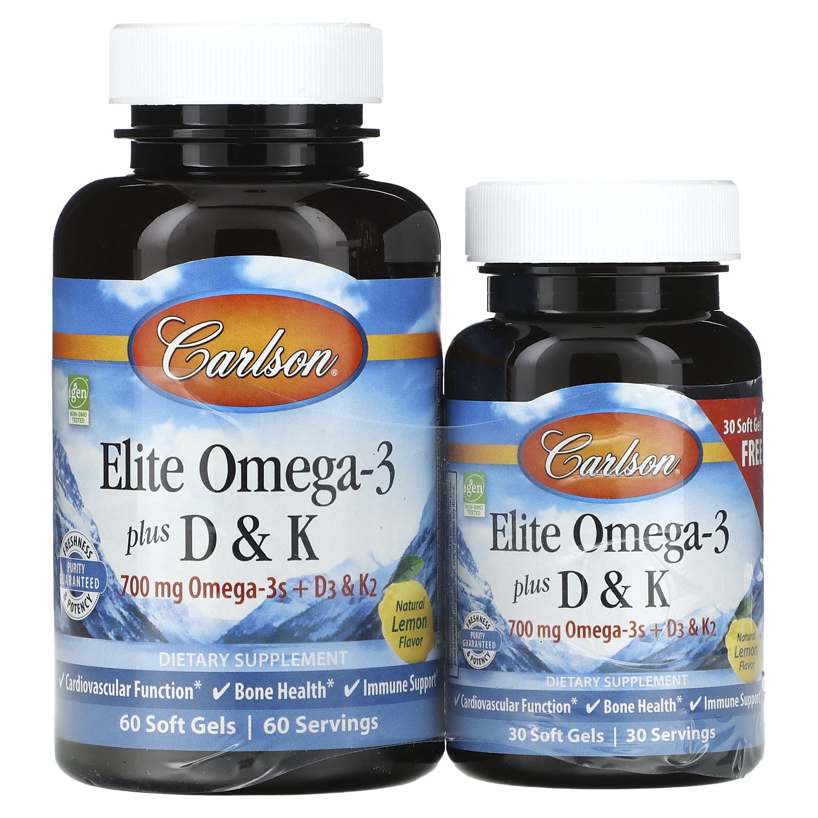 Carlson, Elite Omega-3 с витаминами D и K, натуральный лимонный вкус, 60 (+ 30 бонусных) мягких капсул