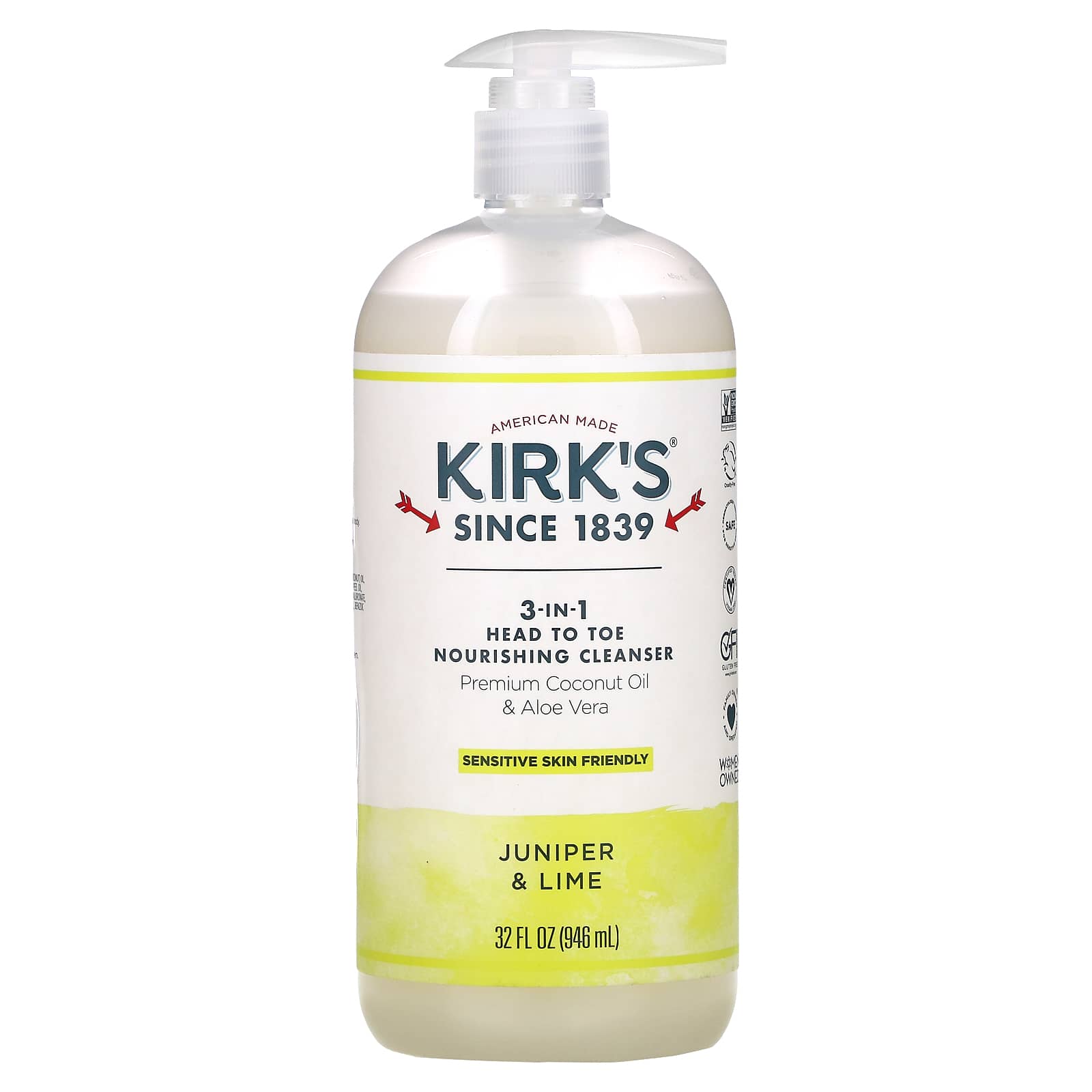 Kirk's, питательный шампунь и гель для душа «3-в-1», лайм и можжевельник, 946 мл (32 жидк. унции)