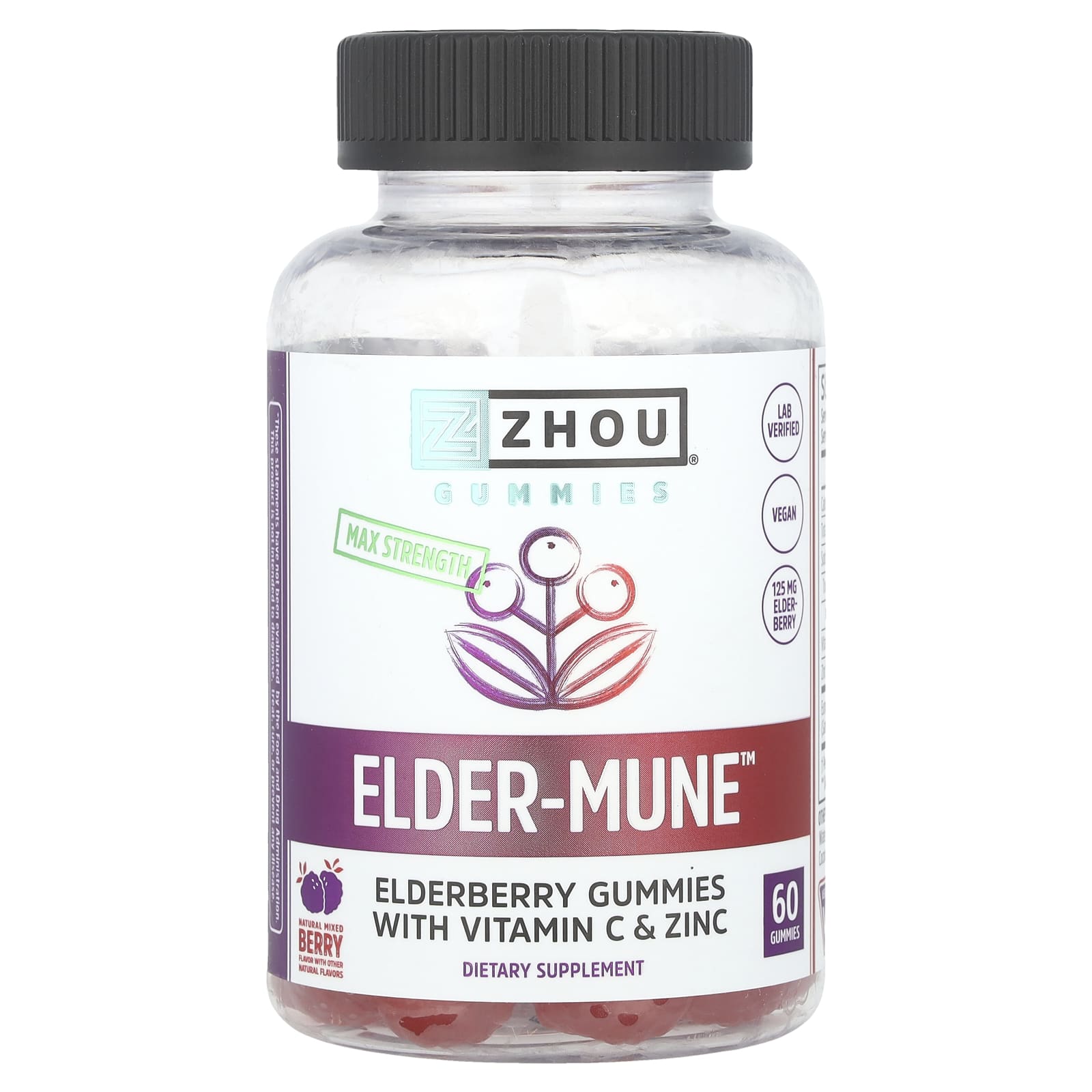 Zhou Nutrition, Максимальная сила Elder-Mune, бузина, 60 веганских жевательных таблеток