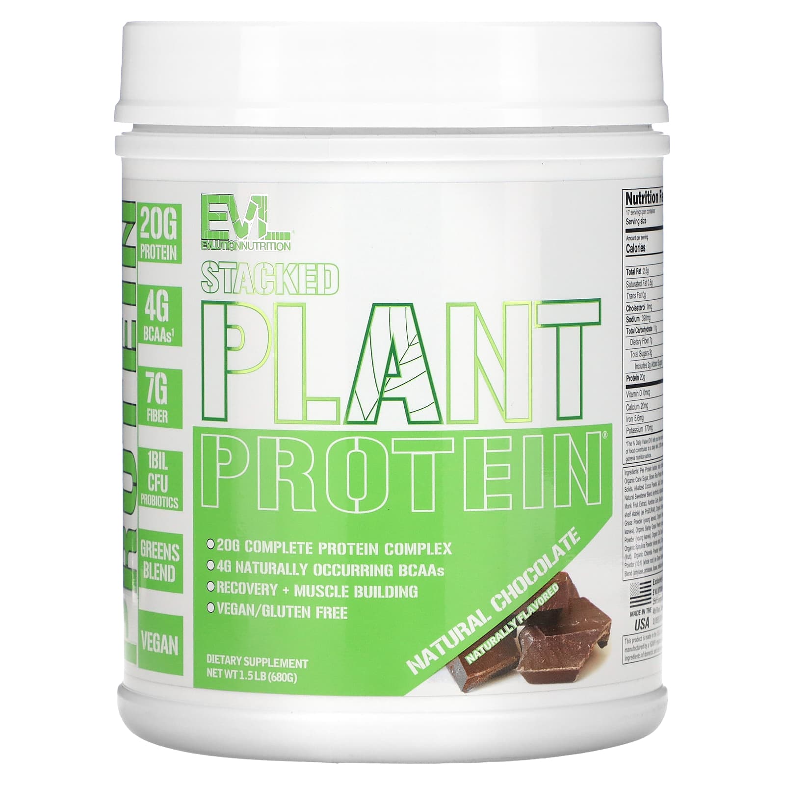 EVLution Nutrition Stacked Plant Protein Натуральный шоколад 15 фунта 670 г 3190₽