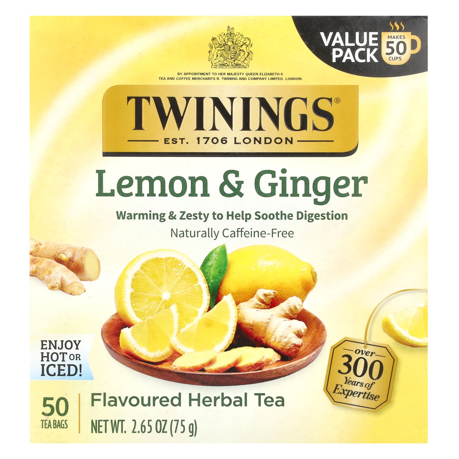 Twinings Ароматизированный травяной чай лимон и имбирь без кофеина 50 чайных пакетиков 75 г 265 унции 1990₽