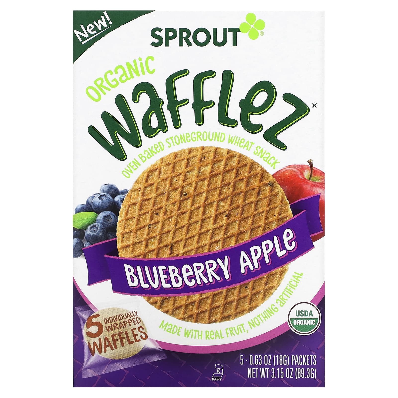 Sprout Organics Wafflez вафли с голубикой и яблоком 5 пакетиков по 18 г 063 унции 1690₽