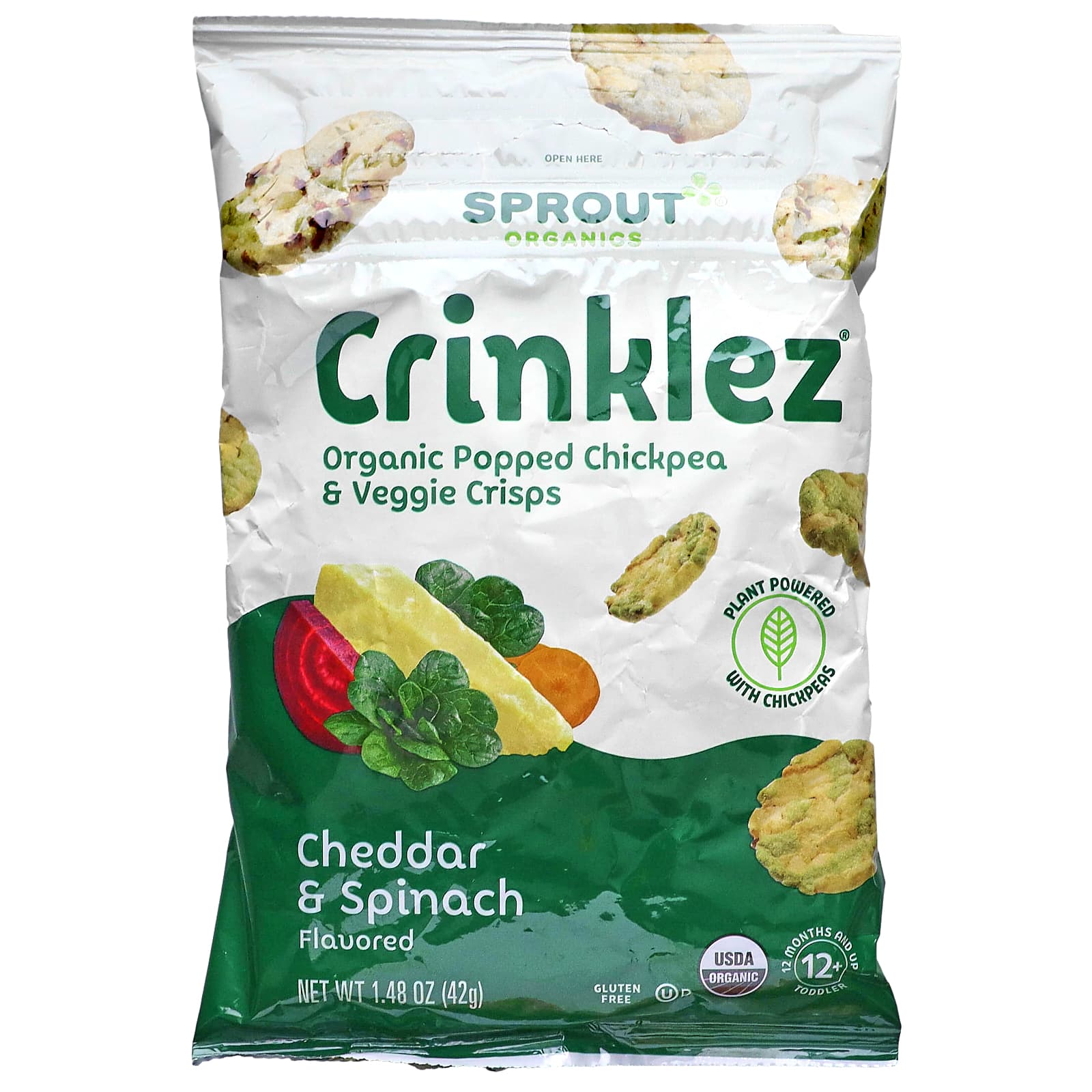 Sprout Organics Crinklez снек из нута и овощей для малышей от 12 месяцев чеддер и шпинат 42 г 148 унции 1590₽