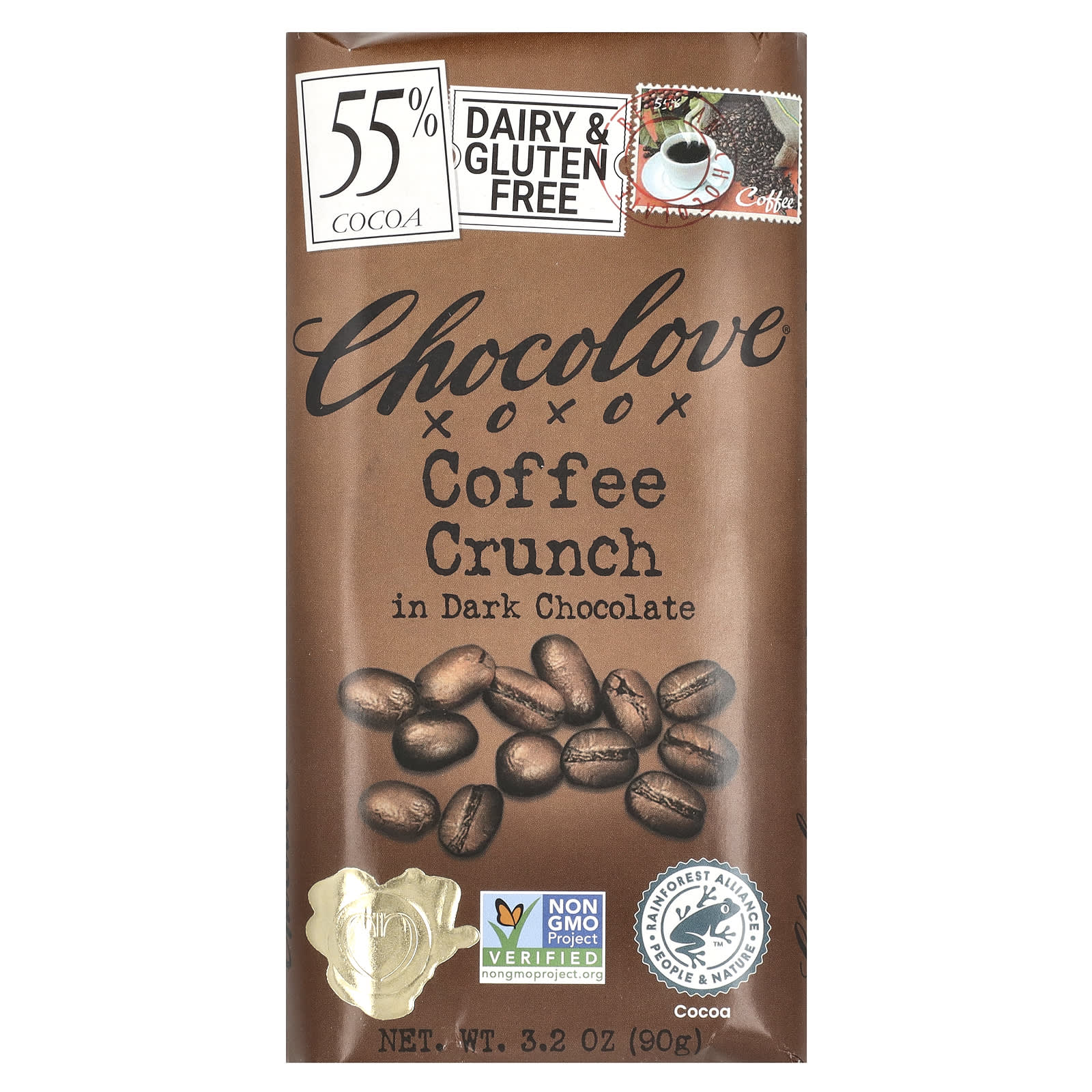 Chocolove, Кофейный кранч в темном шоколаде, 55% какао, 90 г (3,2 унции)