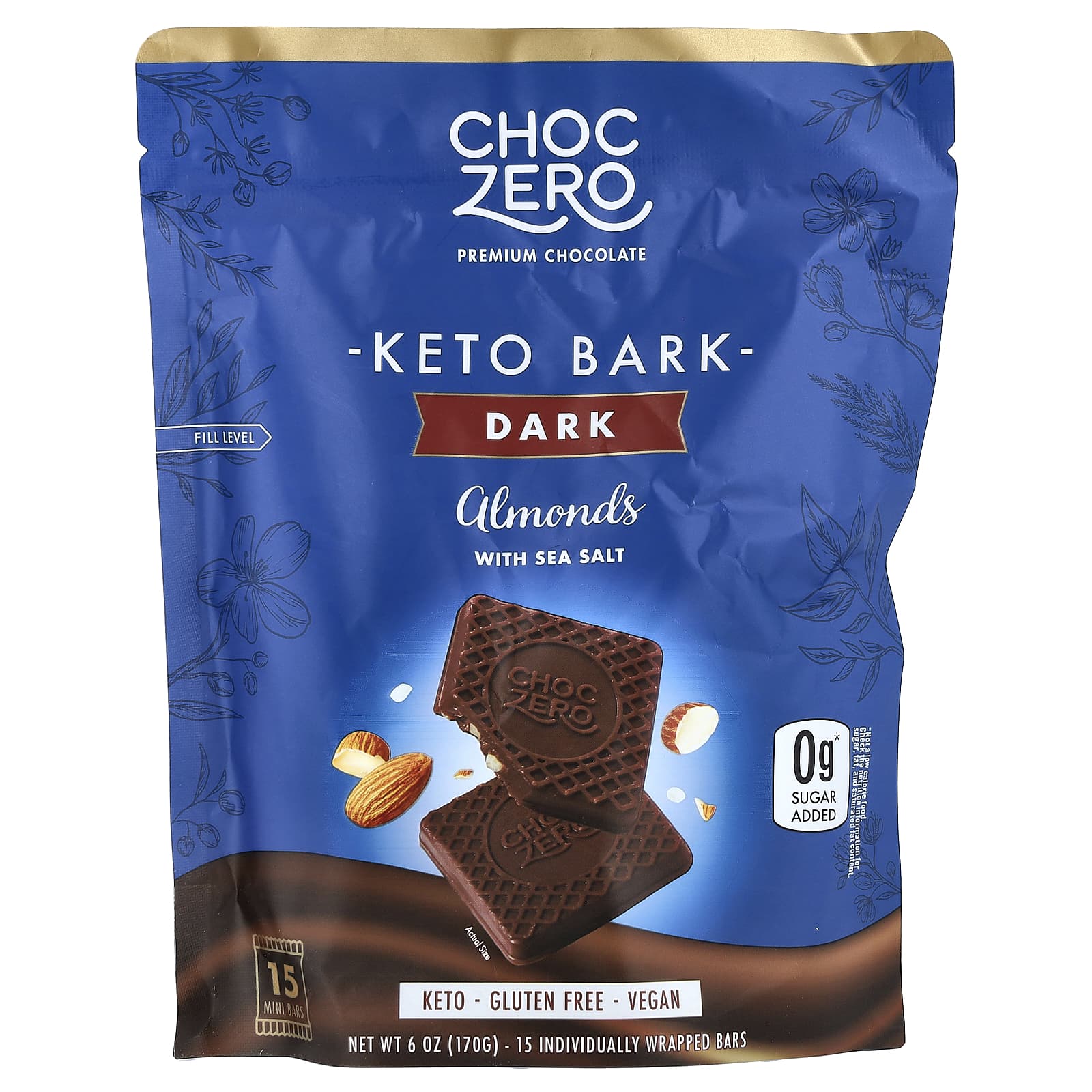 ChocZero, черный шоколад с морской солью, миндаль, без сахара, 6 мини-плиток, по 28 г (1 унции)