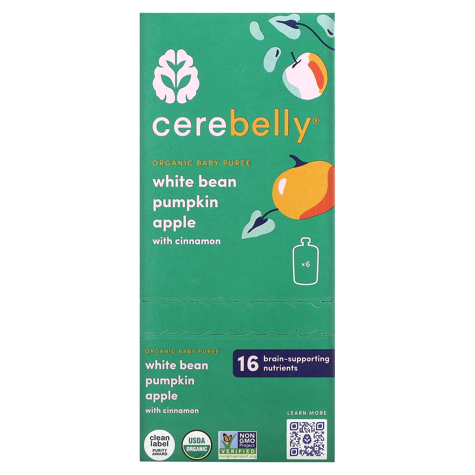 Cerebelly Organic Baby Puree White Bean Pumpkin Apple with Cinnamon 6 Pouches 4 oz 113 g Each 3690₽