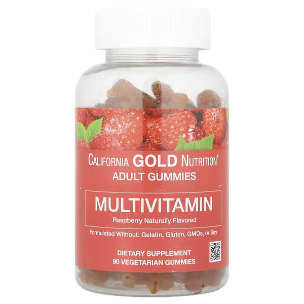 California Gold Nutrition, жевательные мультивитамины для взрослых, с натуральным вкусом малины, 90 вегетарианских жевательных таблеток