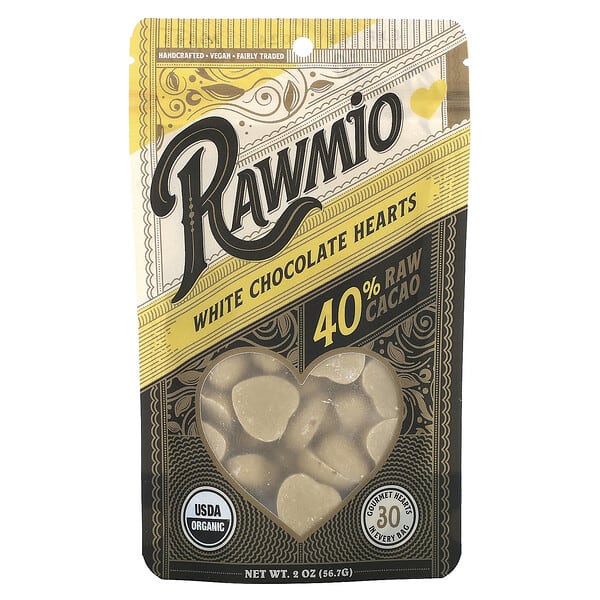Rawmio, Сердца из белого шоколада, 40% сырого какао, 56,7 г (2 унции)