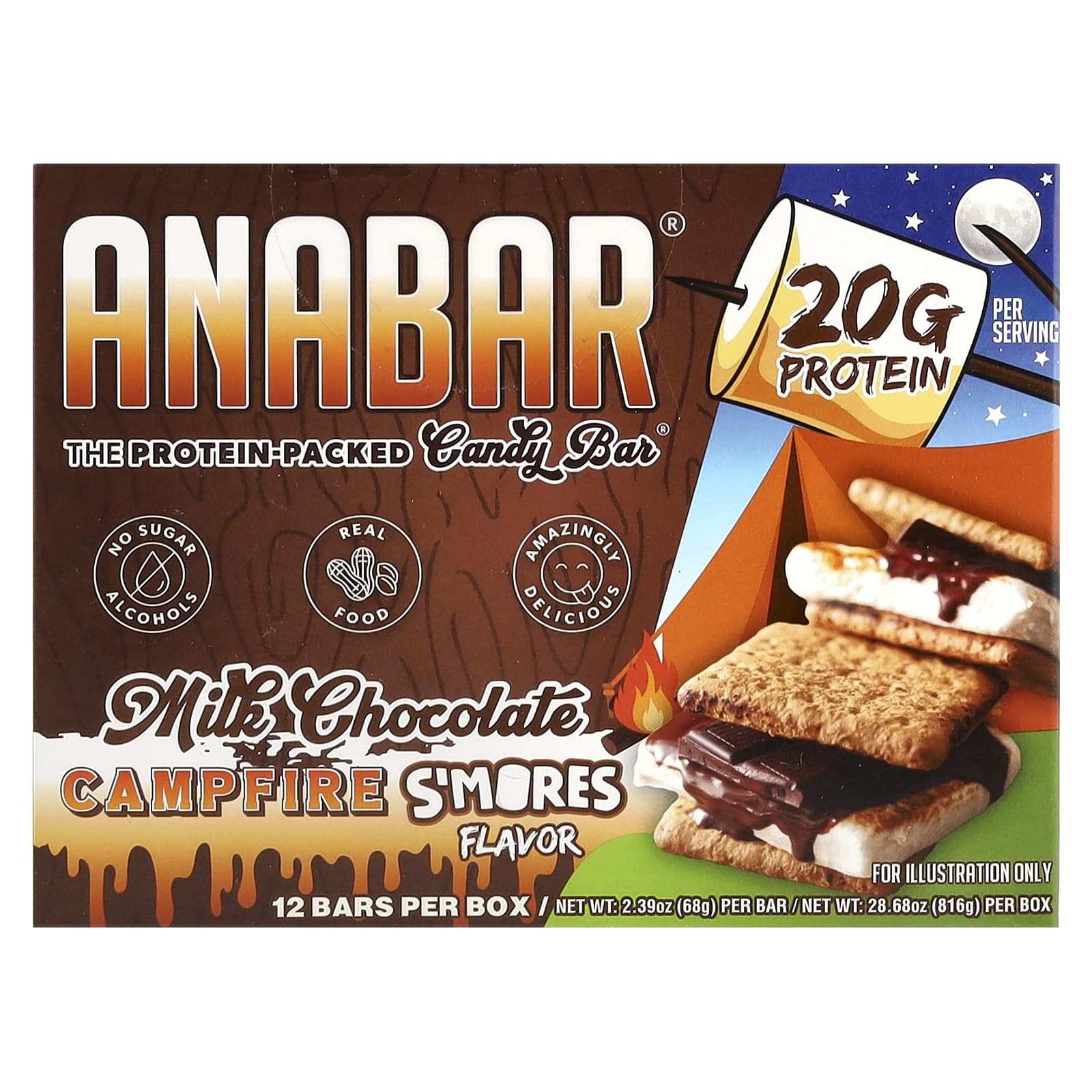 The Anabar, The Protein-Packed Candy Bar, Campfire S'Mores, молочный шоколад, 12 батончиков, 65 г (2,29 унции)
