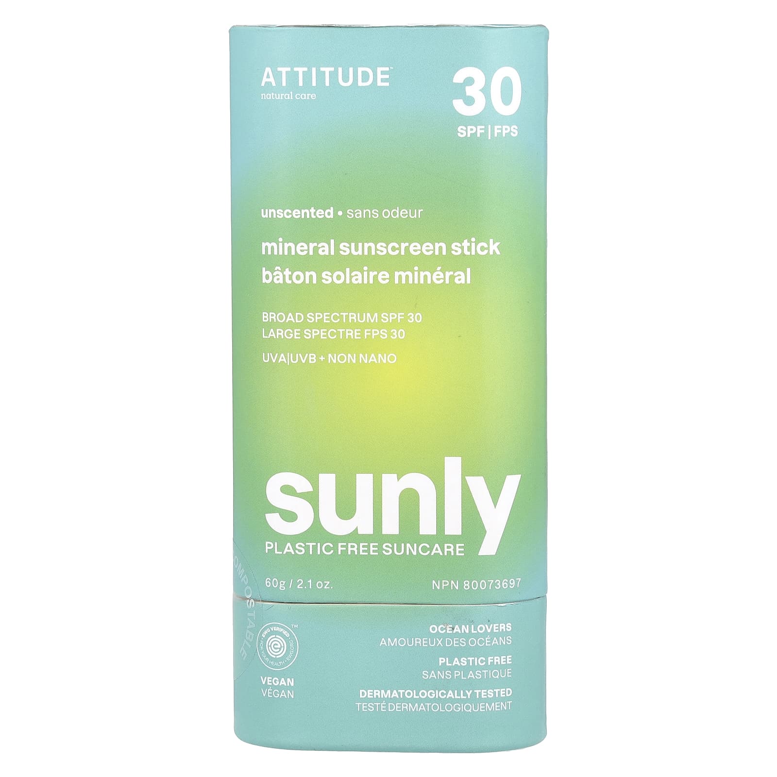 ATTITUDE Sunly минеральный солнцезащитный стик SPF 30 без запаха 60 г 21 унции 3490₽