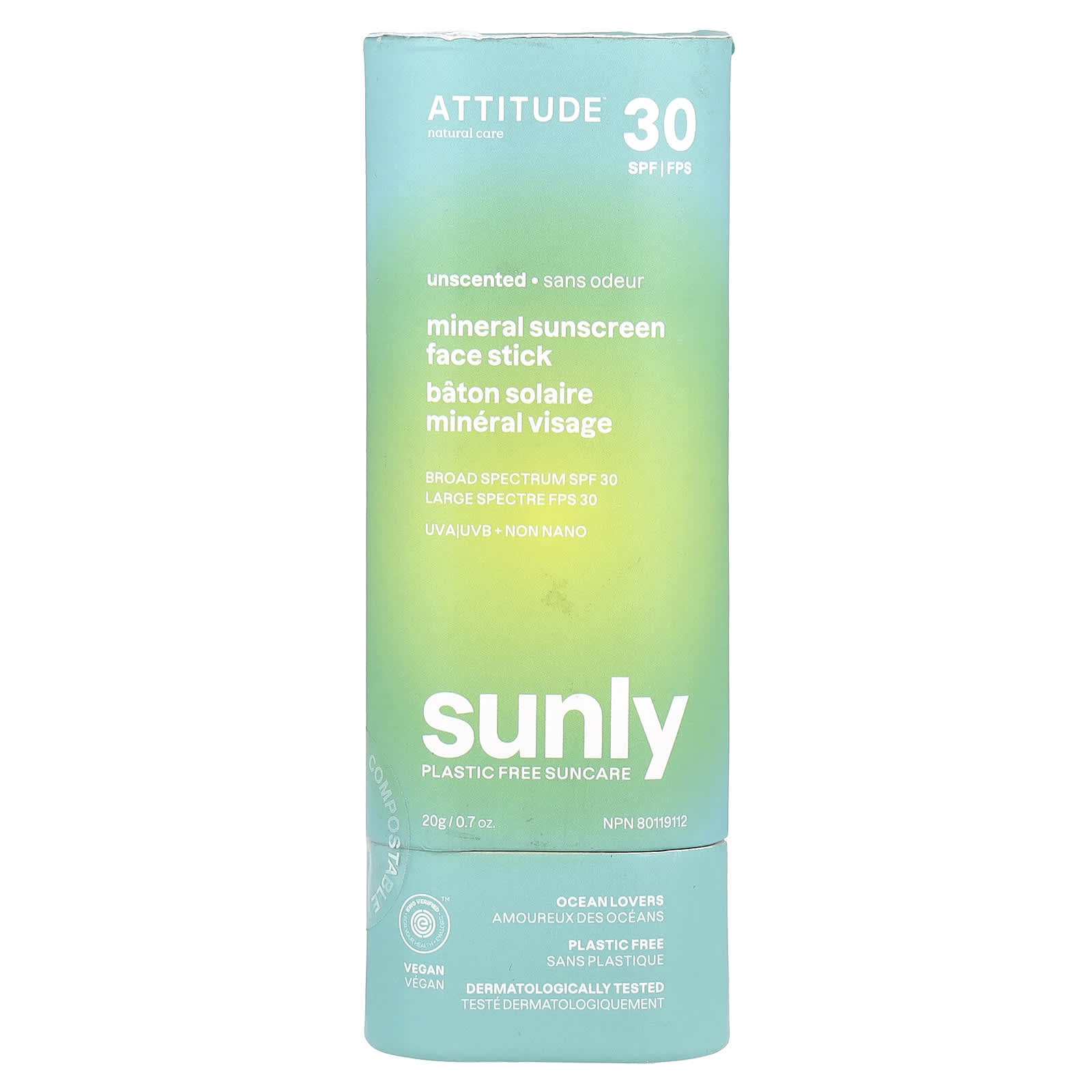 ATTITUDE Sunly минеральное солнцезащитное средство-стик для лица SPF 30 без запаха 20 г 07 унции 2390₽