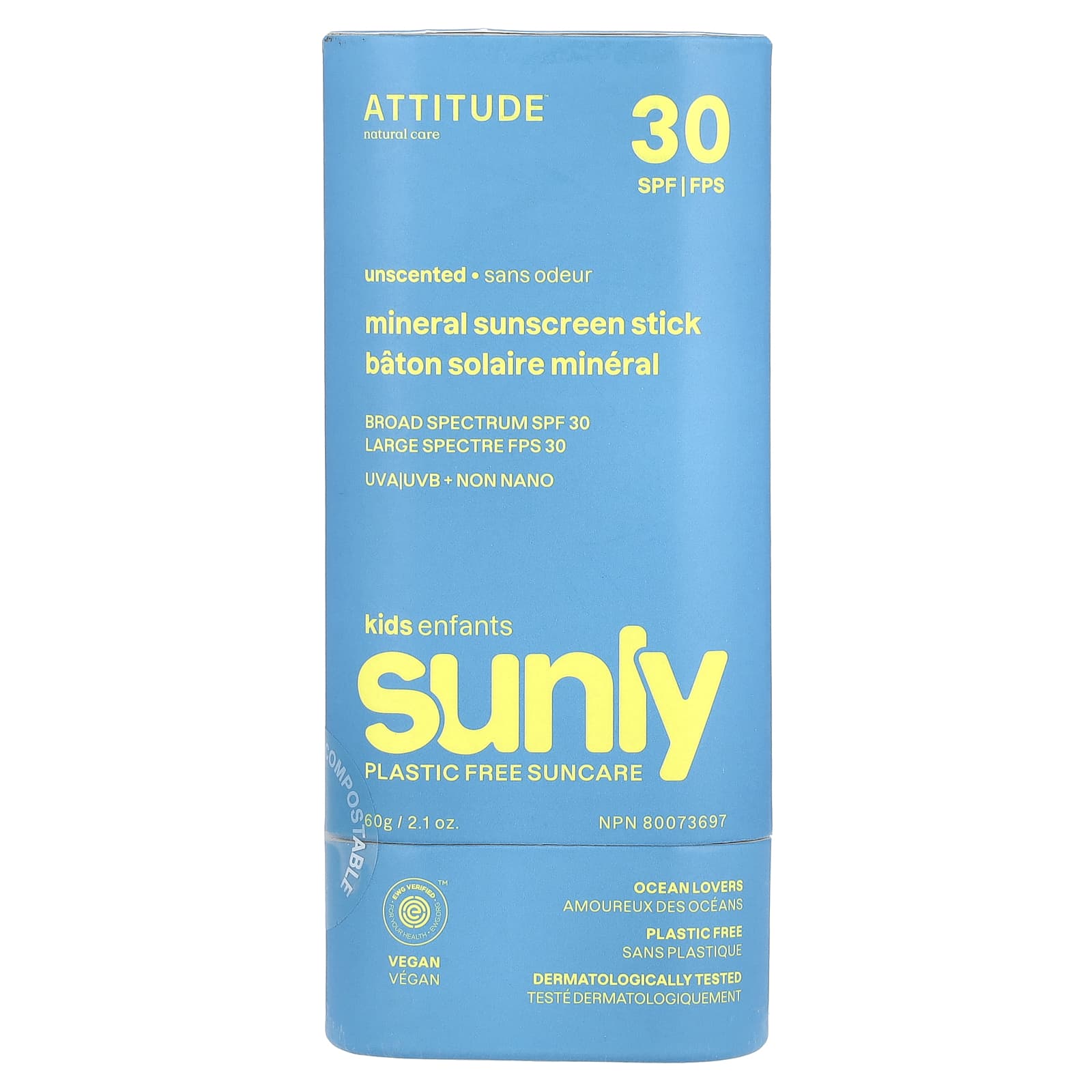 ATTITUDE Sunly минеральный солнцезащитный стик для детей SPF 30 без запаха 60 г 21 унции 3490₽