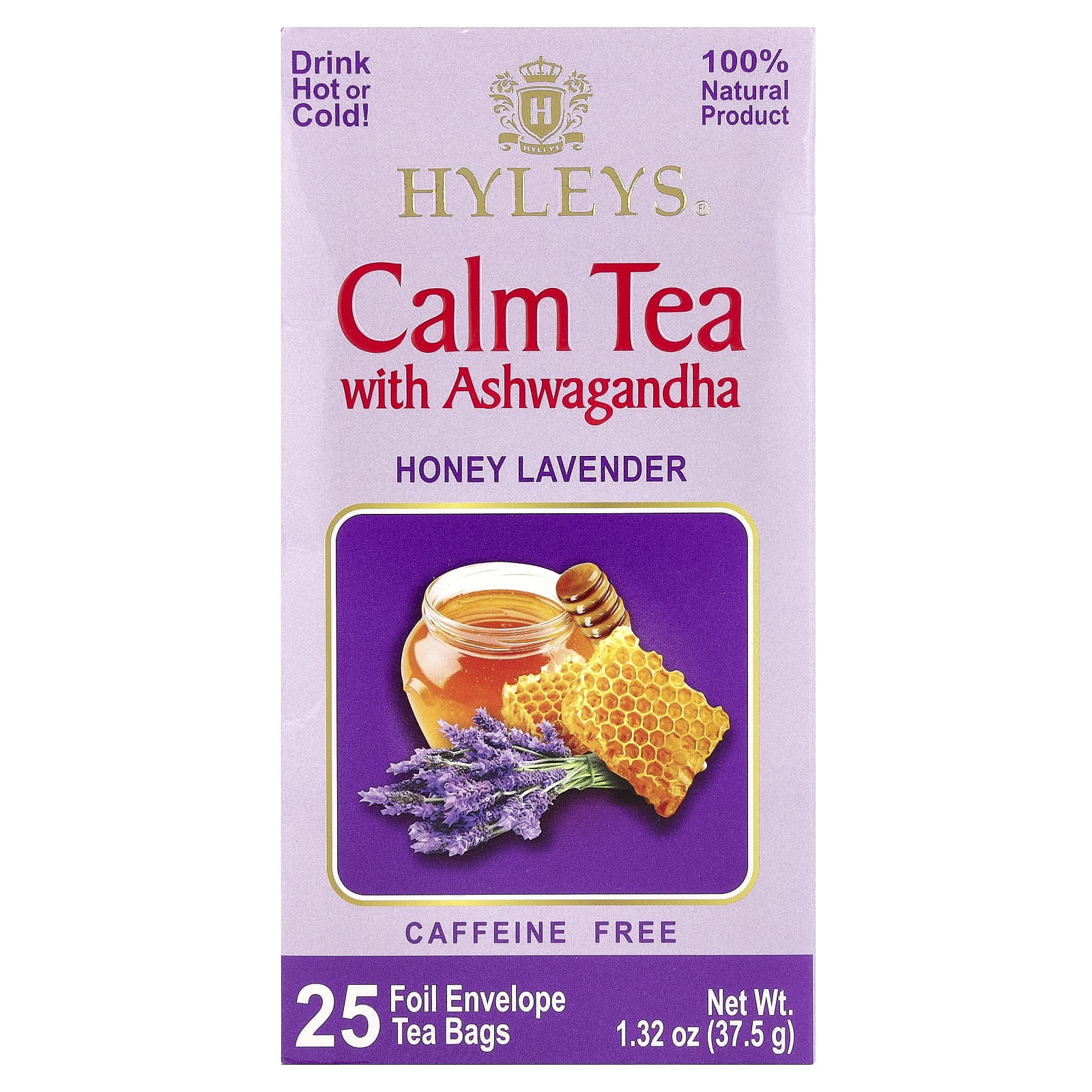 Hyleys Tea Calm Tea с ашвагандой медом и лавандой без кофеина 25 пакетиков с фольгой 375 г 132 унции 1790₽