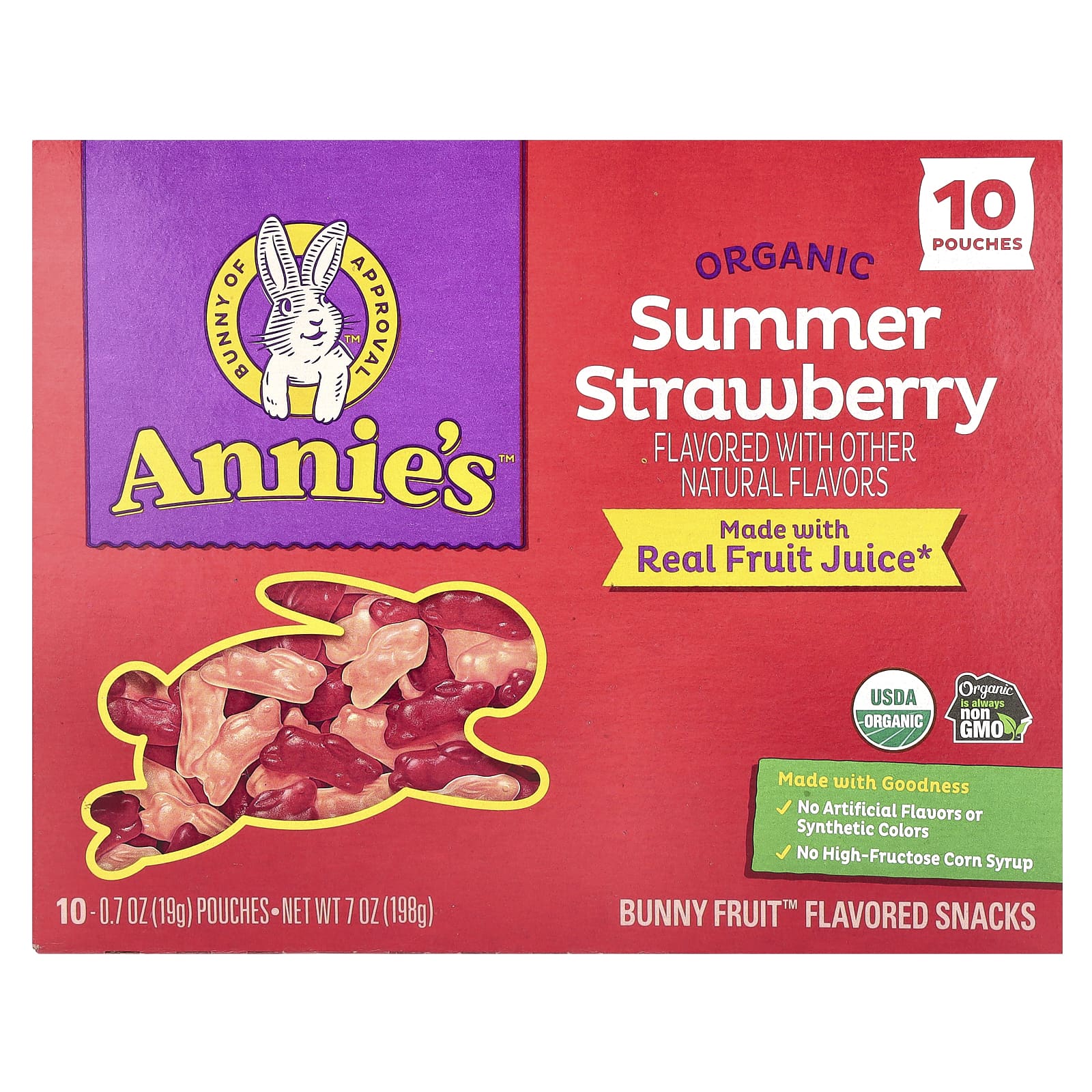 Annies Homegrown Organic Bunny Fruit Snacks летняя клубника 10 пакетиков по 19 г 07 унции 1990₽