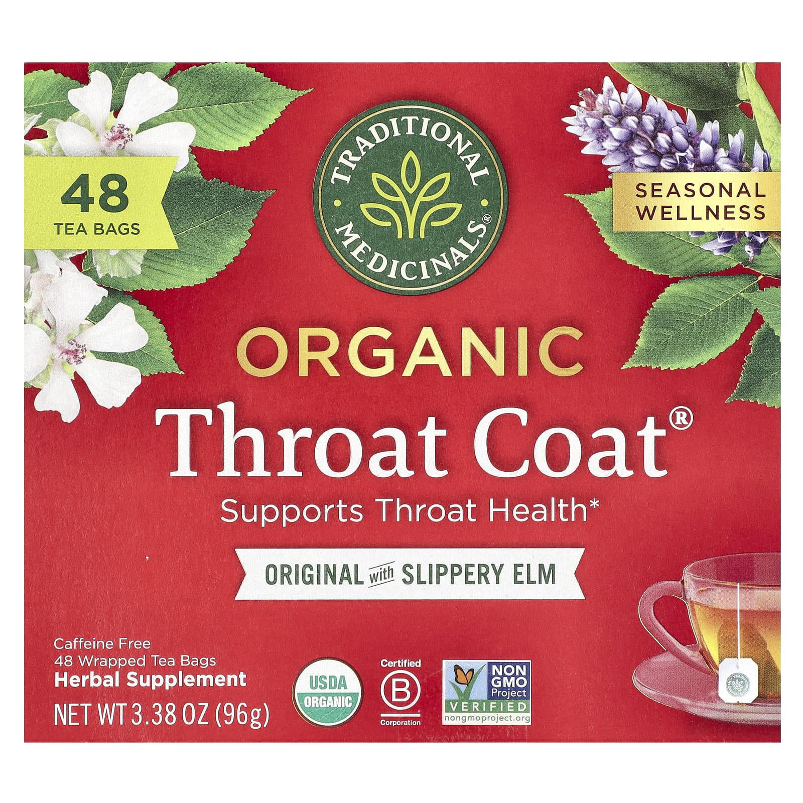 Traditional Medicinals Organic Throat Coat Original со скользким вязом без кофеина 48 чайных пакетиков в упаковке 96 г 338 унции 3190₽