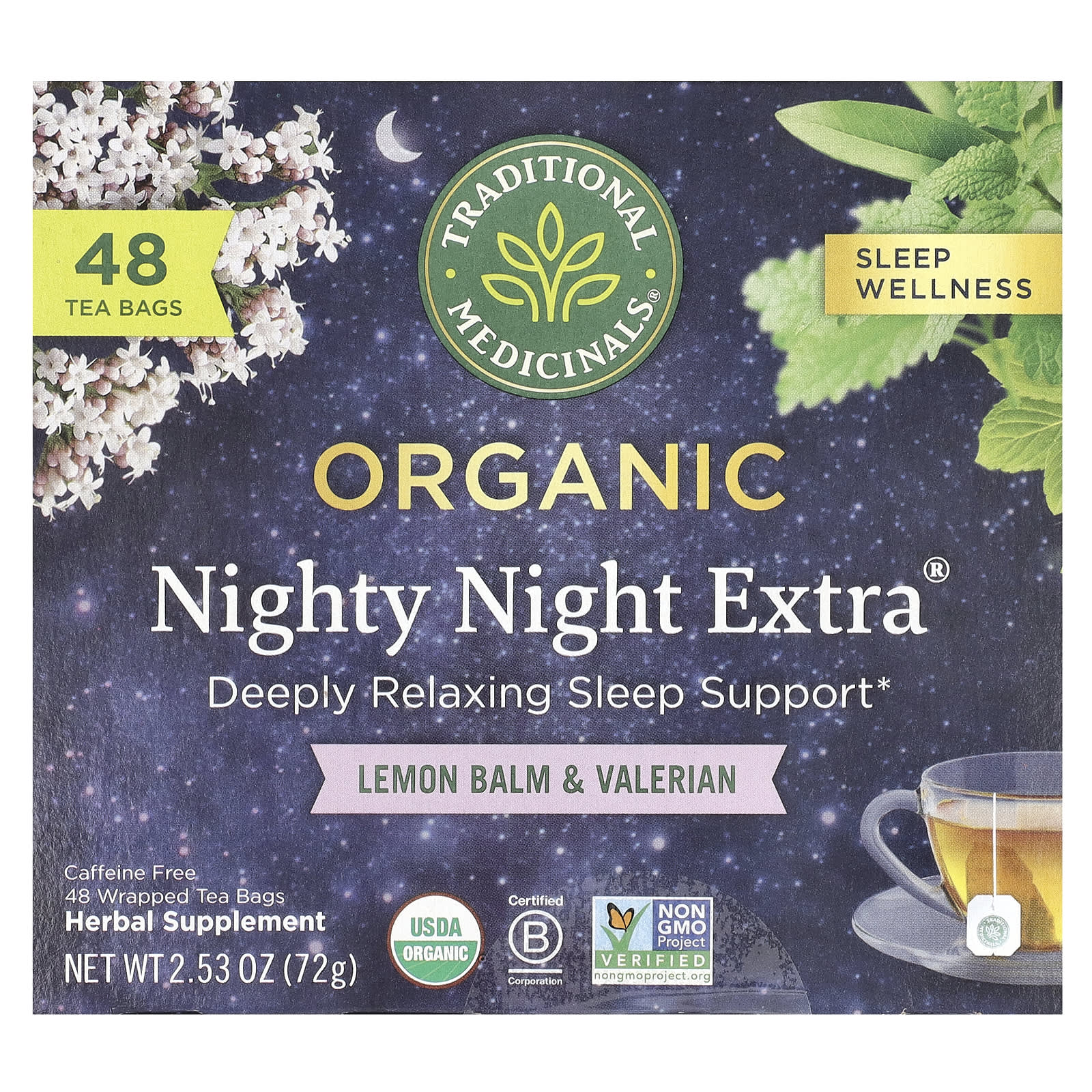 Traditional Medicinals Nighty Night Extra органическая мелисса и валериана без кофеина 48 чайных пакетиков в упаковке 72 г 253 унции 3190₽