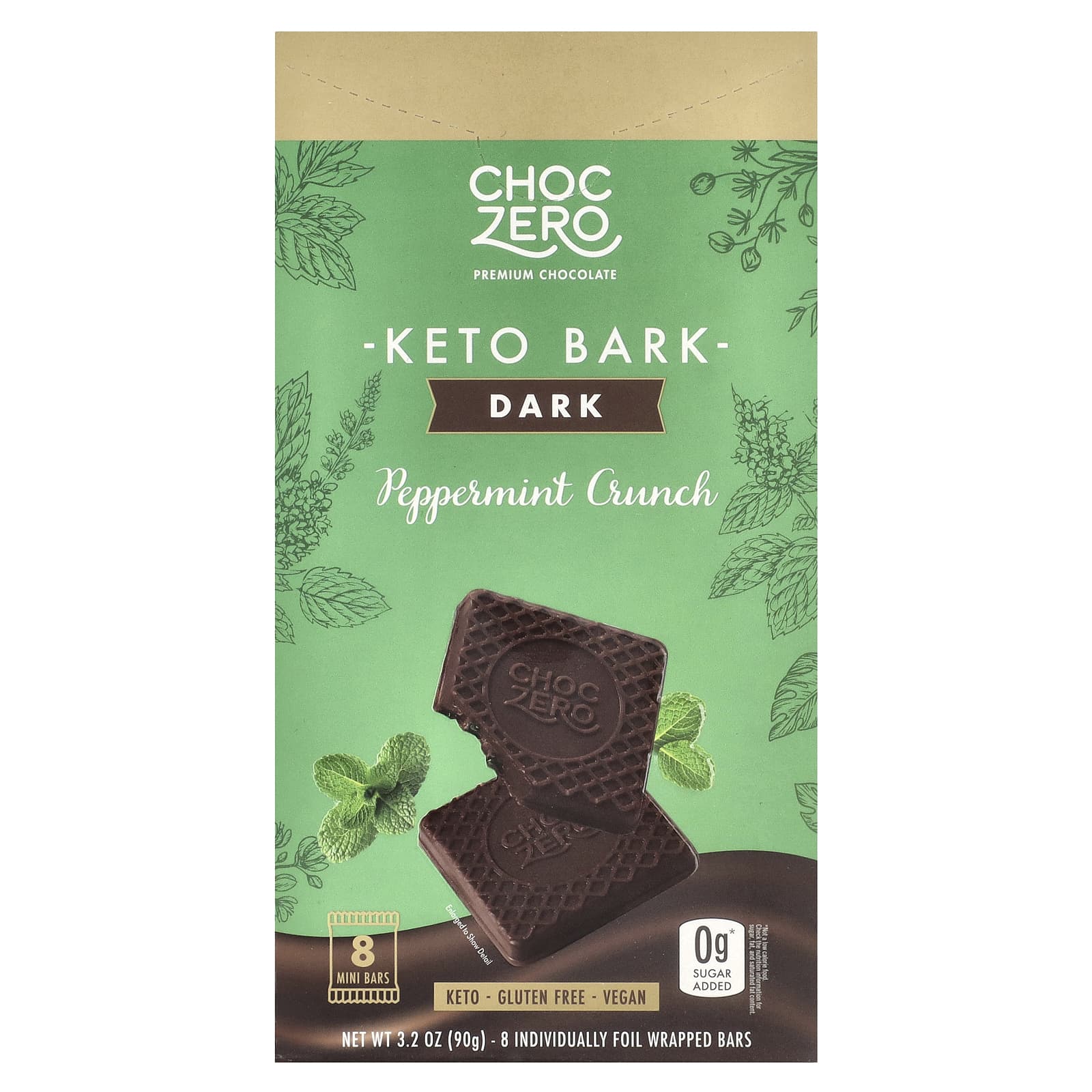 ChocZero Keto Bark темный шоколад хрустящая мята 8 батончиков в фольге 90 г 32 унции 1590₽