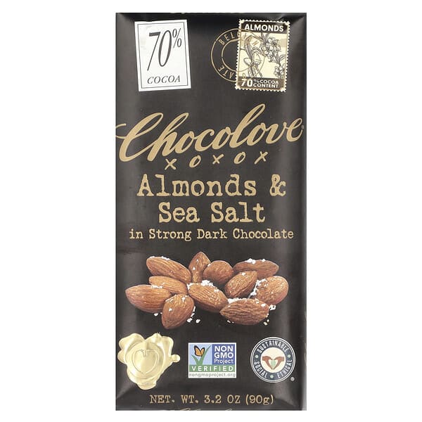 Chocolove, черный шоколад с миндалем и морской солью, 70% какао, 90 г (3,2 унции)