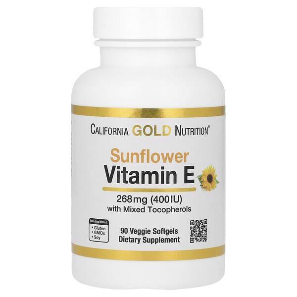 California Gold Nutrition, Витамин E из подсолнечника со смешанными токоферолами, 400 МЕ, 90 растительных мягких таблеток