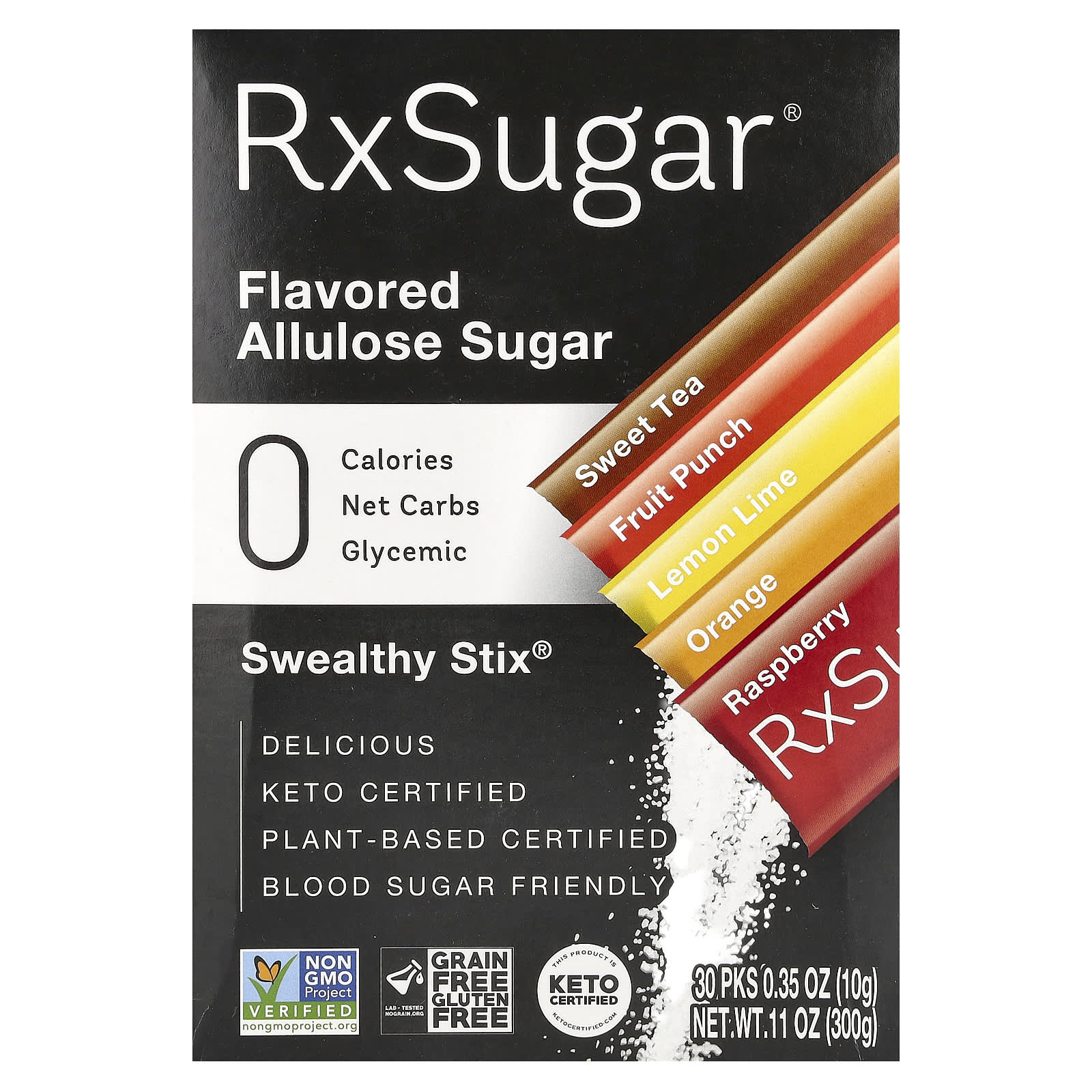 RxSugar Swealthy Stix ароматизированный аллюлозный сахар сладкий чай фруктовый пунш лимон и лайм апельсин малина 30 пакетиков по 10 г 035 унции 2290₽