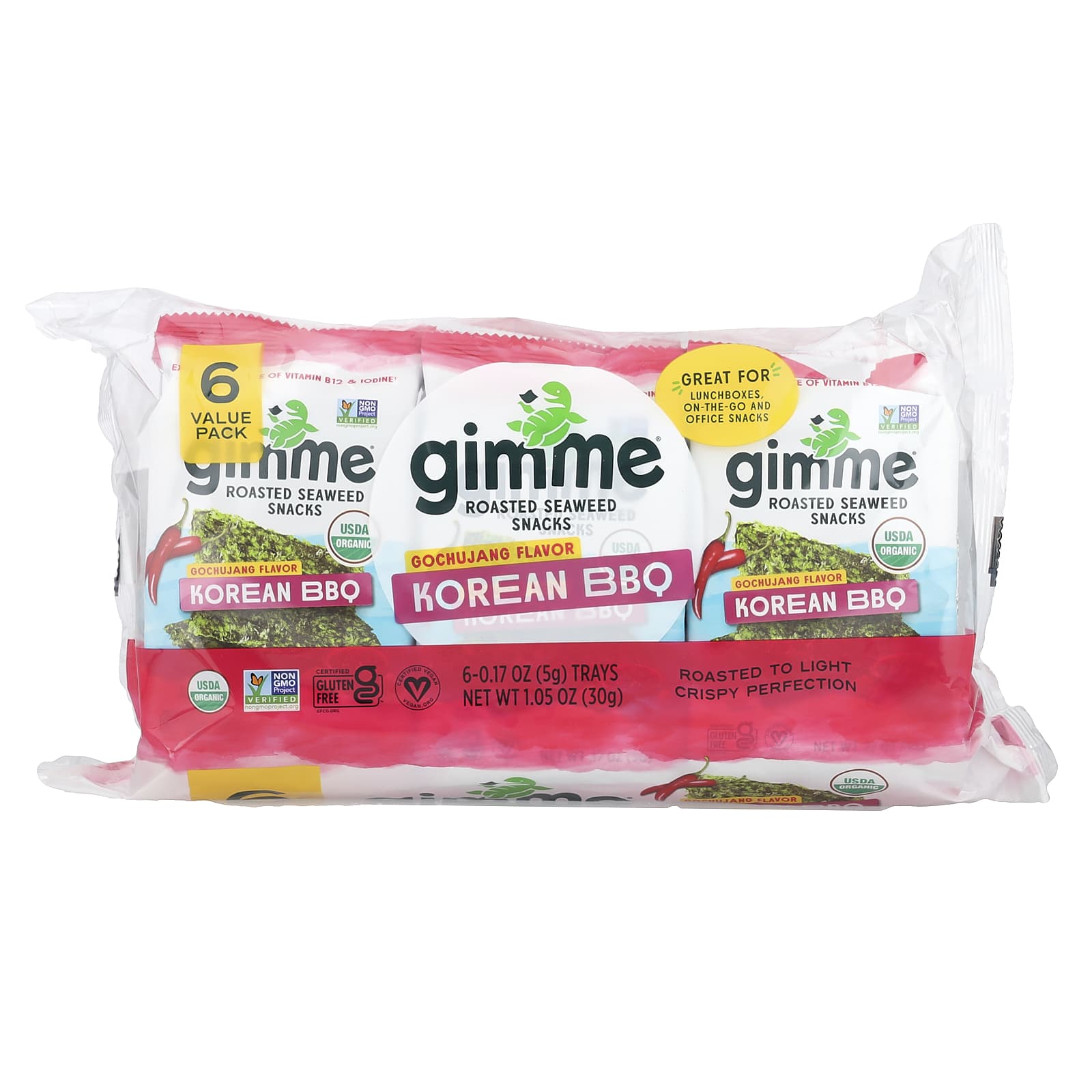gimMe Снеки из жареных морских водорослей корейское барбекю 6 пакетиков по 5 г 017 унции 1690₽
