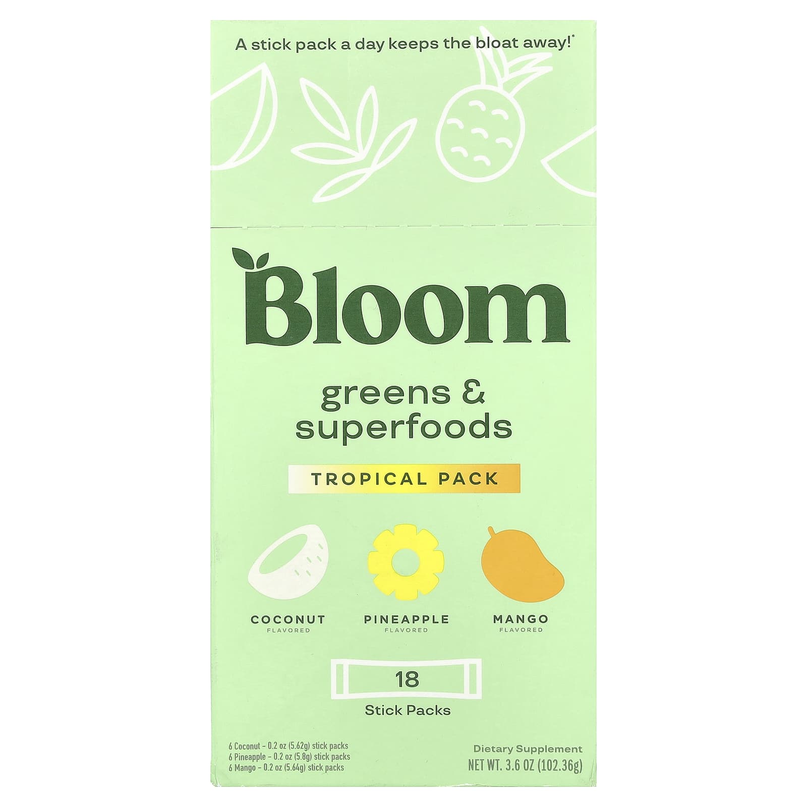 Bloom Greens - Superfoods тропическая упаковка 18 пакетиков 10236 г 36 унции 5690₽