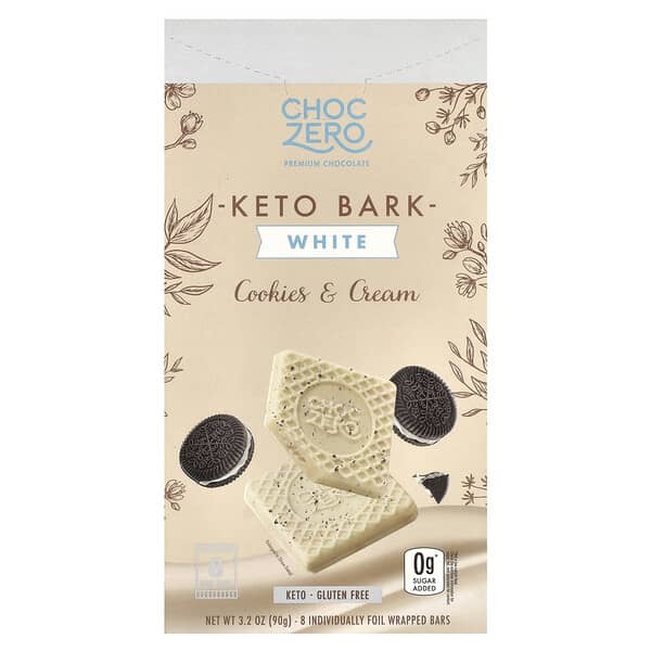 ChocZero, Keto Bark, белый шоколад, печенье и сливки, 8 батончиков в фольге, 90 г (3,2 унции)