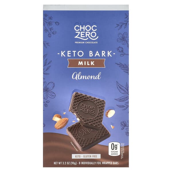ChocZero, Keto Bark, молочный шоколад, миндаль, 8 батончиков в фольге, 90 г (3,2 унции)