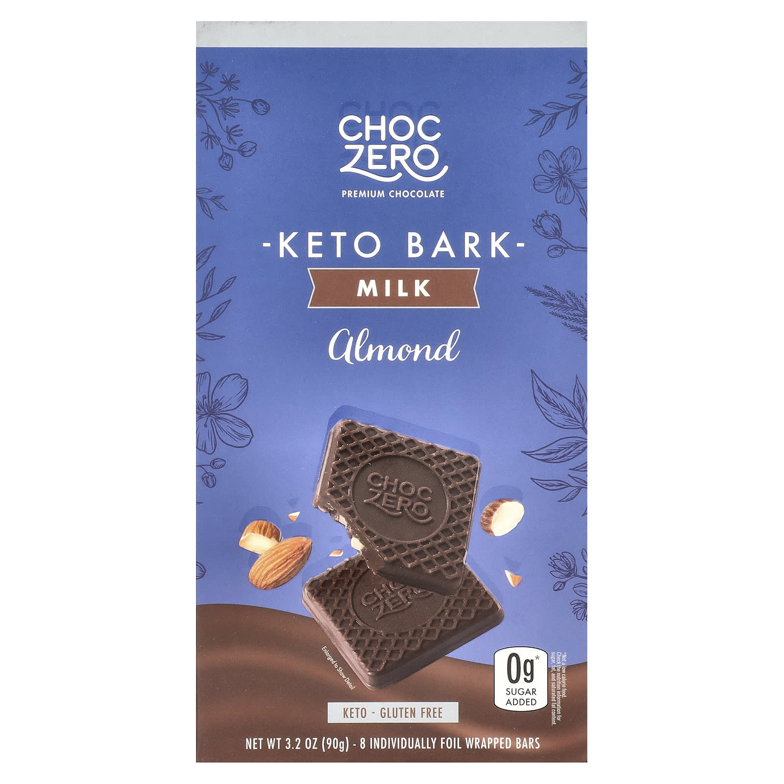 ChocZero Keto Bark молочный шоколад миндаль 8 батончиков в фольге 90 г 32 унции 1590₽