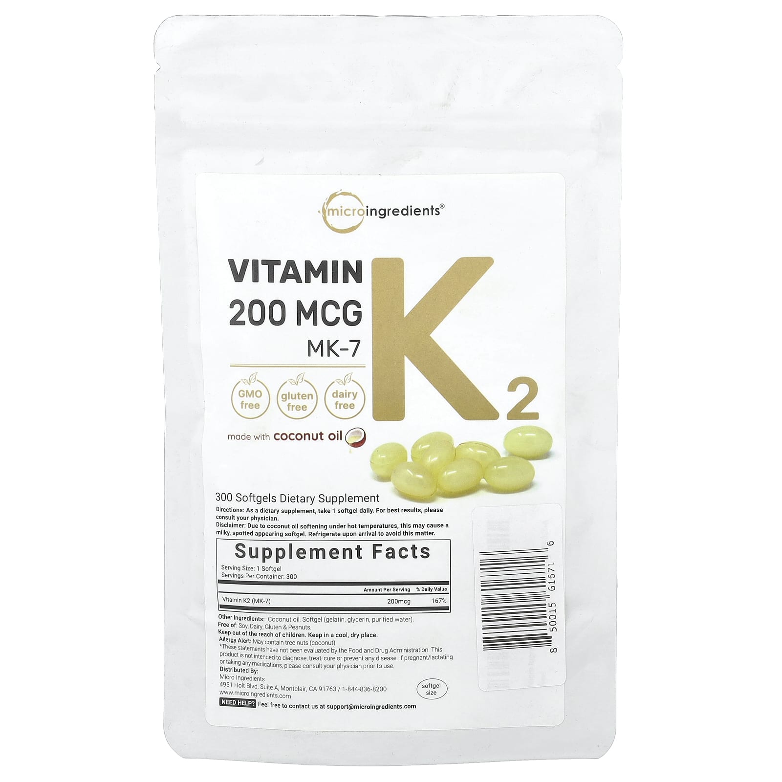 Micro Ingredients Витамин K2 МК-7 200 мкг 300 мягких таблеток 4190₽