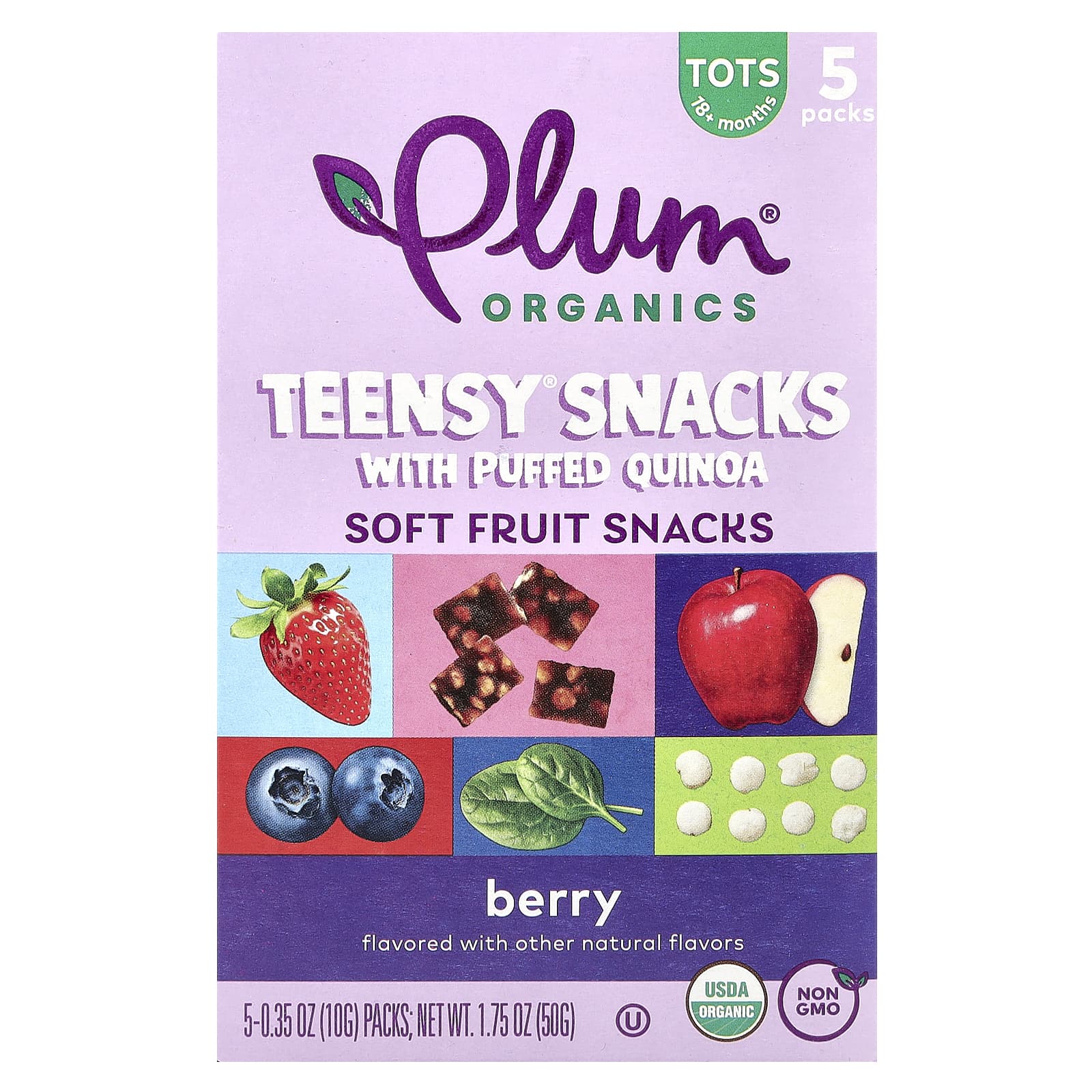 Plum Organics Teensy Snacks с воздушной киноа снеки из мягких фруктов для детей от 18 месяцев ягоды 5 упаковок по 10 г 035 унции 1490₽