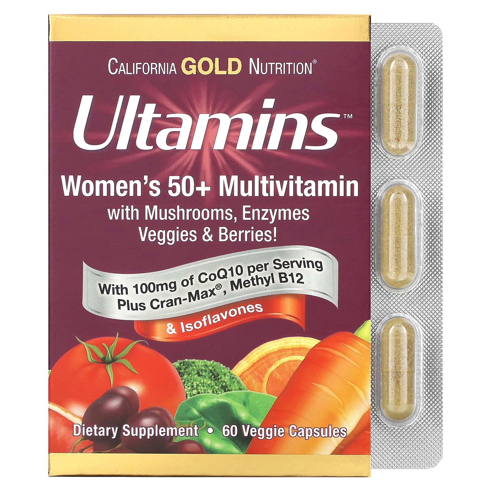California Gold Nutrition Ultamins мультивитаминный комплекс для женщин старше 50 лет с коэнзимом Q10 грибами ферментами овощами и ягодами 60 растительных капсул 4590₽