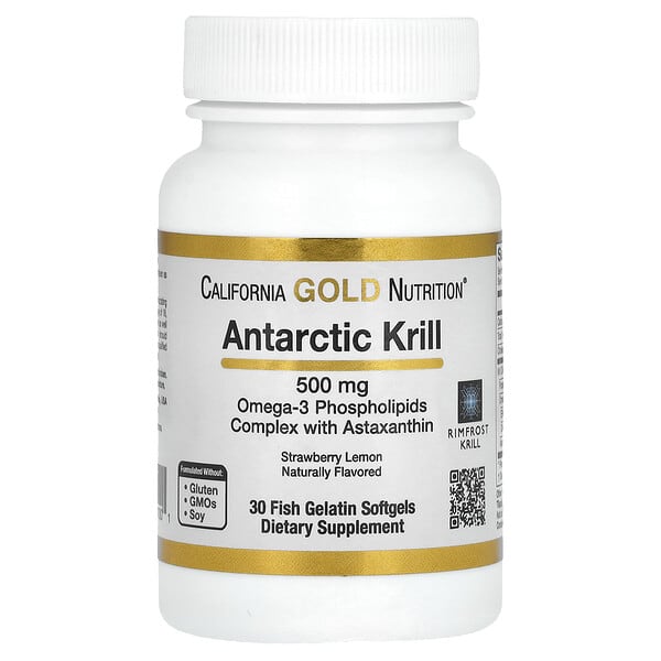 California Gold Nutrition, Масло антарктического криля, комплекс фосфолипидов омега-3 с астаксантином, натуральной клубникой и лимоном, 500 мг, 30 мягких капсул с рыбьим желатином