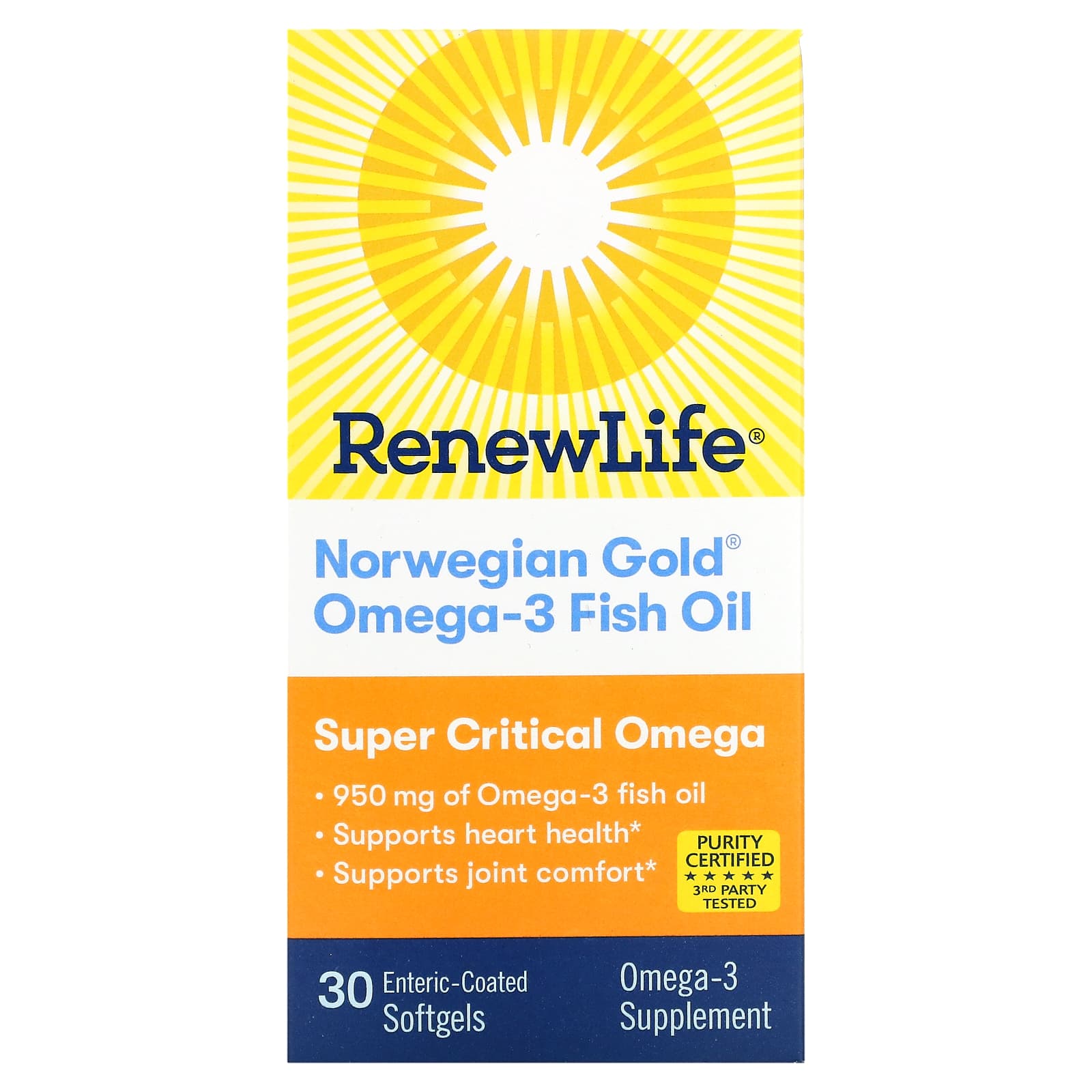 Renew Life, Рыбий жир с омега-3 Norwegian Gold, 1045 мг, 30 мягких таблеток с кишечнорастворимой оболочкой