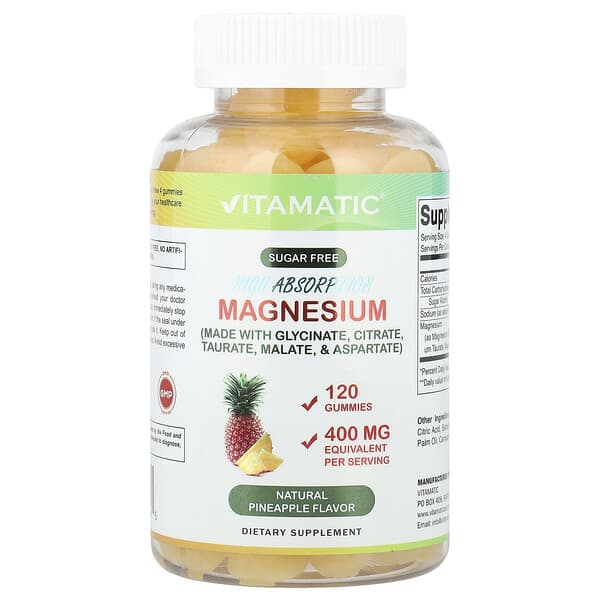 Vitamatic, Жевательные мармеладки с высоким содержанием магния, натуральный ананас, 400 мг, 120 жевательных мармеладок (100 мг в 1 жевательной мармеладке)